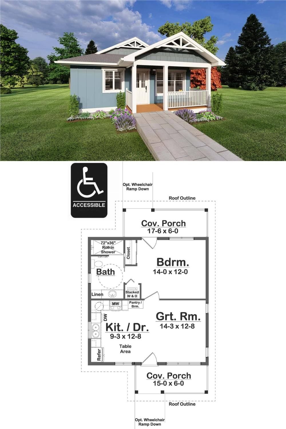 This craftsman-style ADU showcases a charming facade with board and batten siding, and multiple gables adorned by cedar shakes and decorative trims. An inviting front porch framed with white railings and columns offers a cozy spot to relax while enhancing curb appeal. Optional wheelchair ramps on both the front and back porches ensure convenient handicap accessibility.
