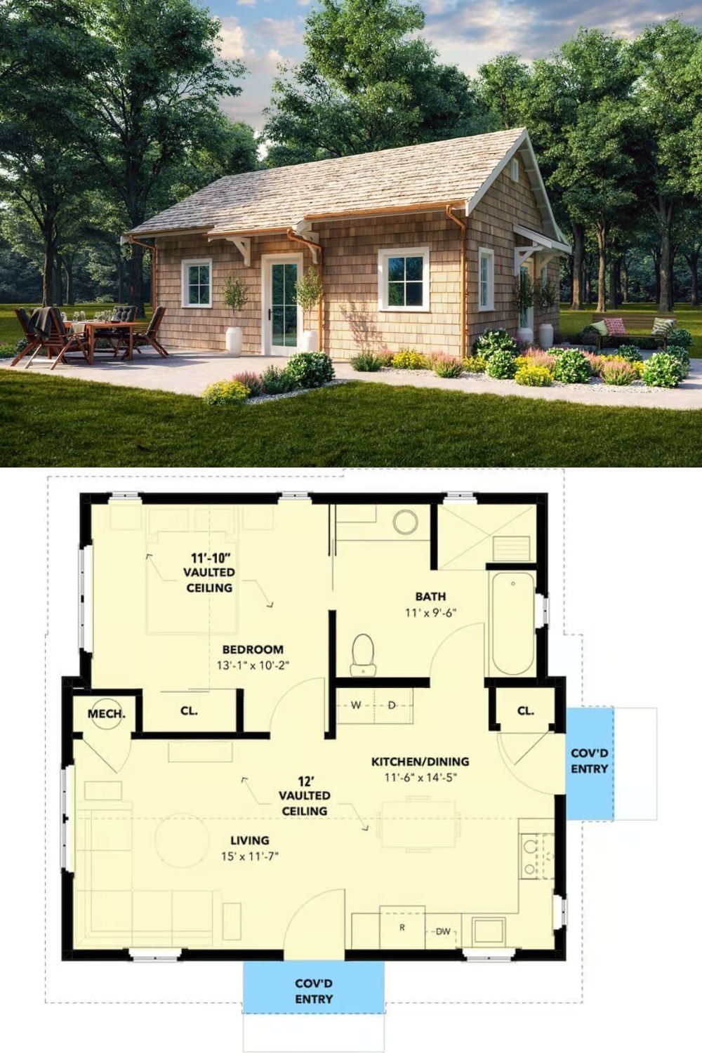 This charming cottage exudes a relaxed, natural appeal with its shingle-clad exterior and beautifully crafted exposed brackets. A simple, gabled roofline and copper-tone gutters add timeless character, while large windows and a glass door flood the interior with natural light and connect the home to its peaceful surroundings. A covered entryway invites you to linger outdoors, perfect for taking in the fresh air or greeting guests.
