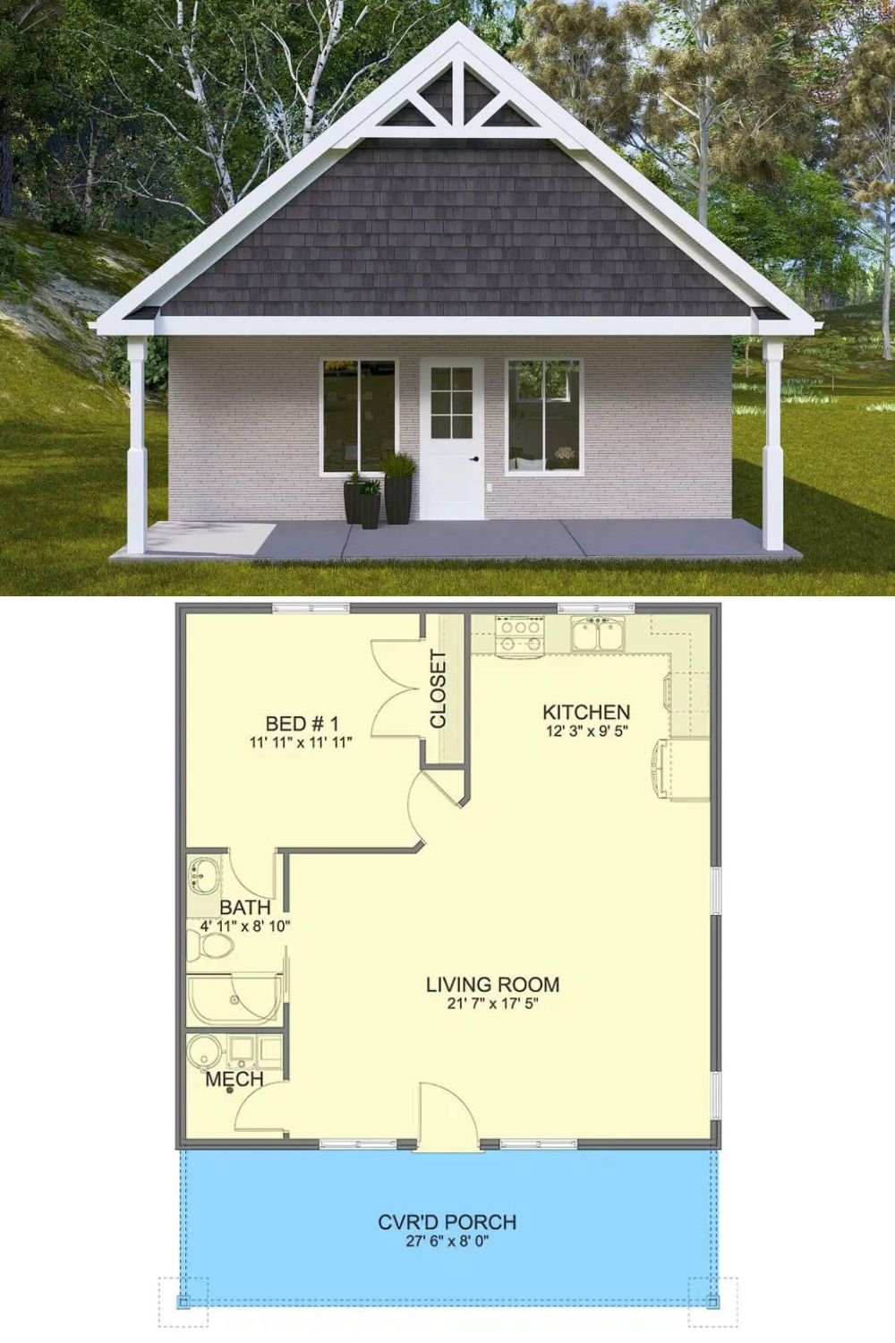 This charming 1-bedroom traditional home showcases a timeless stone exterior complemented by white-framed windows and a large gable adorned with dark shingles and decorative trim details.