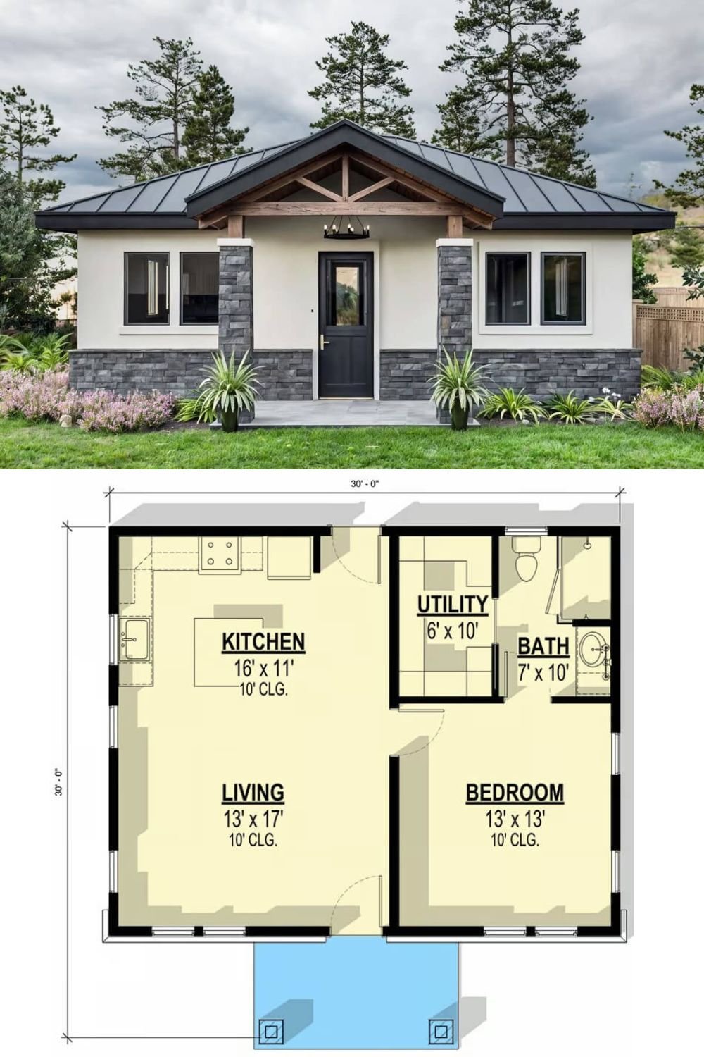 This inviting transitional Hill country home marries rustic and contemporary elements for standout curb appeal. The stucco facade is complemented by a partial stone wainscot and stone columns that support an eye-catching timber truss over the porch. A sleek metal roof adds modern flair while tying in with the warm wood accents.