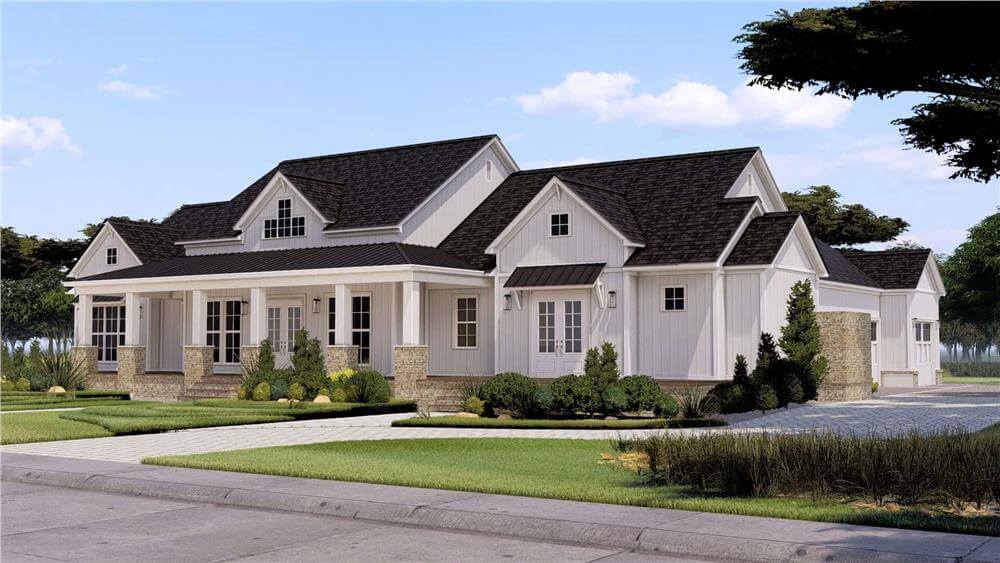 3-Bedroom Modern Farmhouse with Wraparound Porch and 3-Car Rear Garage (Floor Plan)