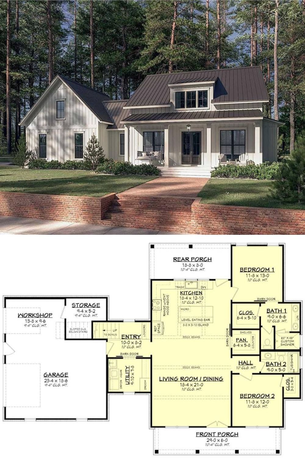 This modern farmhouse showcases clean board and batten siding, metal roofing, and a welcoming front porch framed with white columns. A shed dormer above the porch helps bring natural light into the interior.