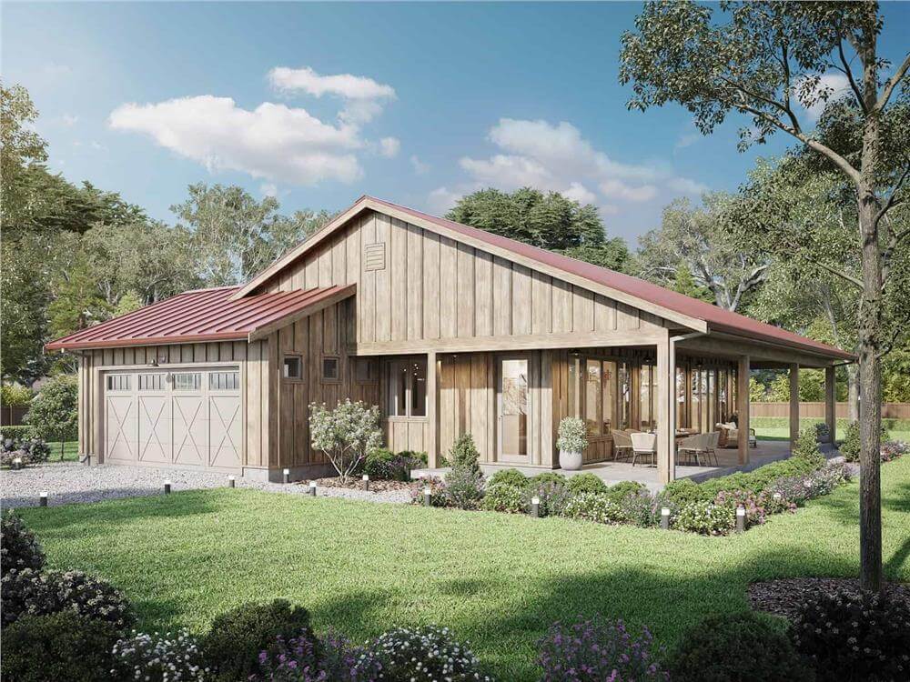 3-Bedroom Barndominium Ranch with Double Garage and Wraparound Porch (Floor Plan)