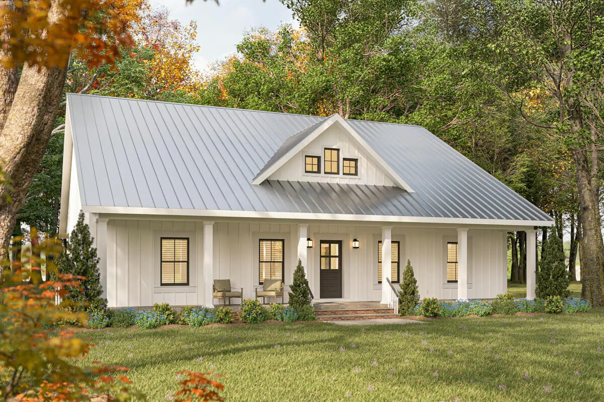 Country-Style 3-Bedroom Farmhouse with Dual Porches and Open Living Space (Floor Plan)