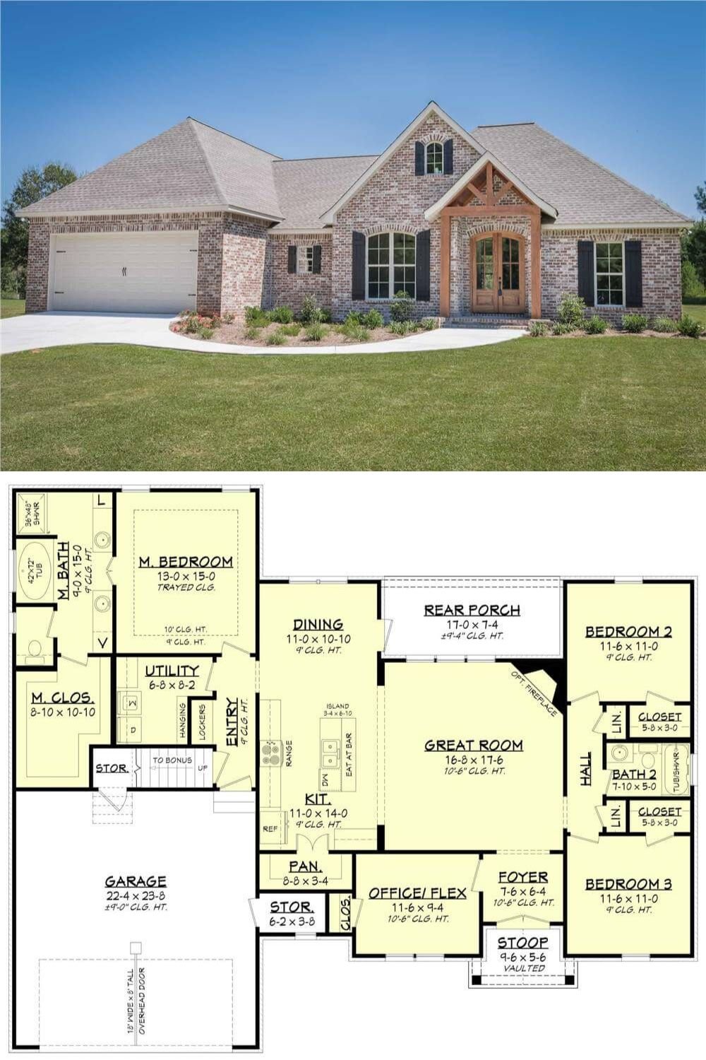 Showcasing a timeless blend of brick cladding and wood accents, this home’s exterior exudes warmth and classic curb appeal. A welcoming front entry, framed by a timber truss, highlights the double doors, while decorative shutters and a neatly integrated garage add a refined touch to the facade.