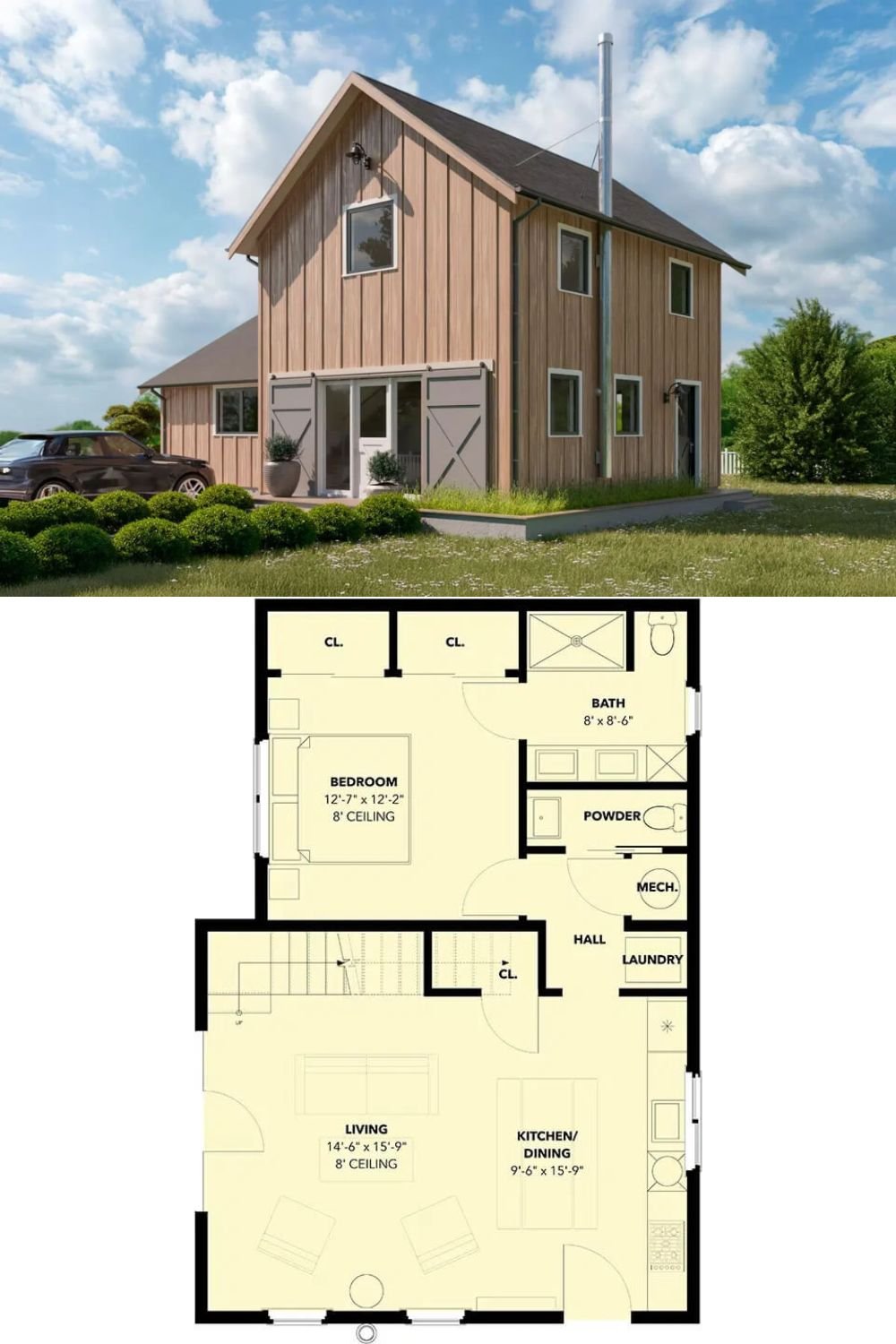 This barn-style country cottage showcases a cozy and inviting facade with natural wood siding, sleek windows, and double barn doors enhancing the welcoming entry.