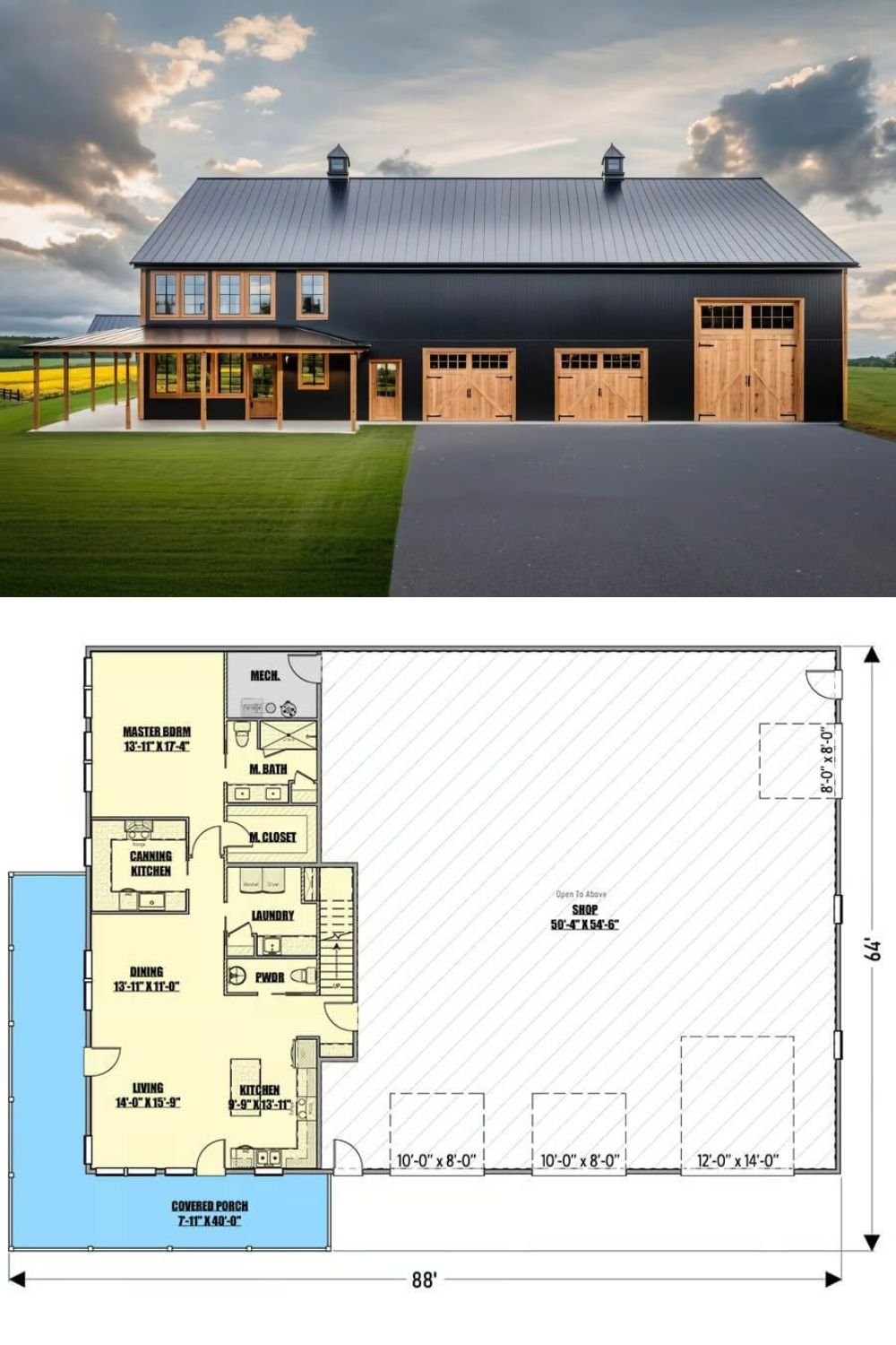 This modern barndominium showcases a striking blend of sleek metal siding and natural wood accents for a balanced, contemporary look. Large windows invite abundant natural light, while the extended covered porch wraps around the living area, giving you plenty of space to enjoy outdoor gatherings. Cupolas and custom barn-style doors offer a rustic nod to traditional farm buildings, creating a unique aesthetic that stands out.