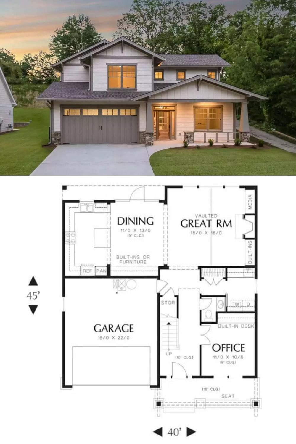 This charming craftsman home showcases timeless details, with gable-end brackets and exposed rafter tails accentuating the roofline on all sides. Horizontal lap siding in varying widths adds texture, while stone-clad pedestals anchor the flared front porch columns, creating a welcoming and authentic aesthetic.
