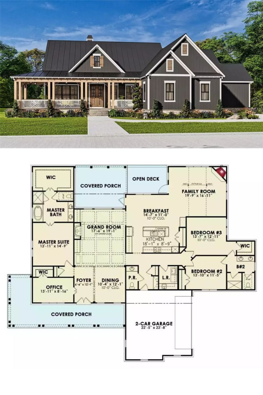 Dark board and batten siding, multiple gables, and a wraparound front porch highlighted by exposed rafters and double columns give this 3-bedroom craftsman home an impeccable curb appeal.
