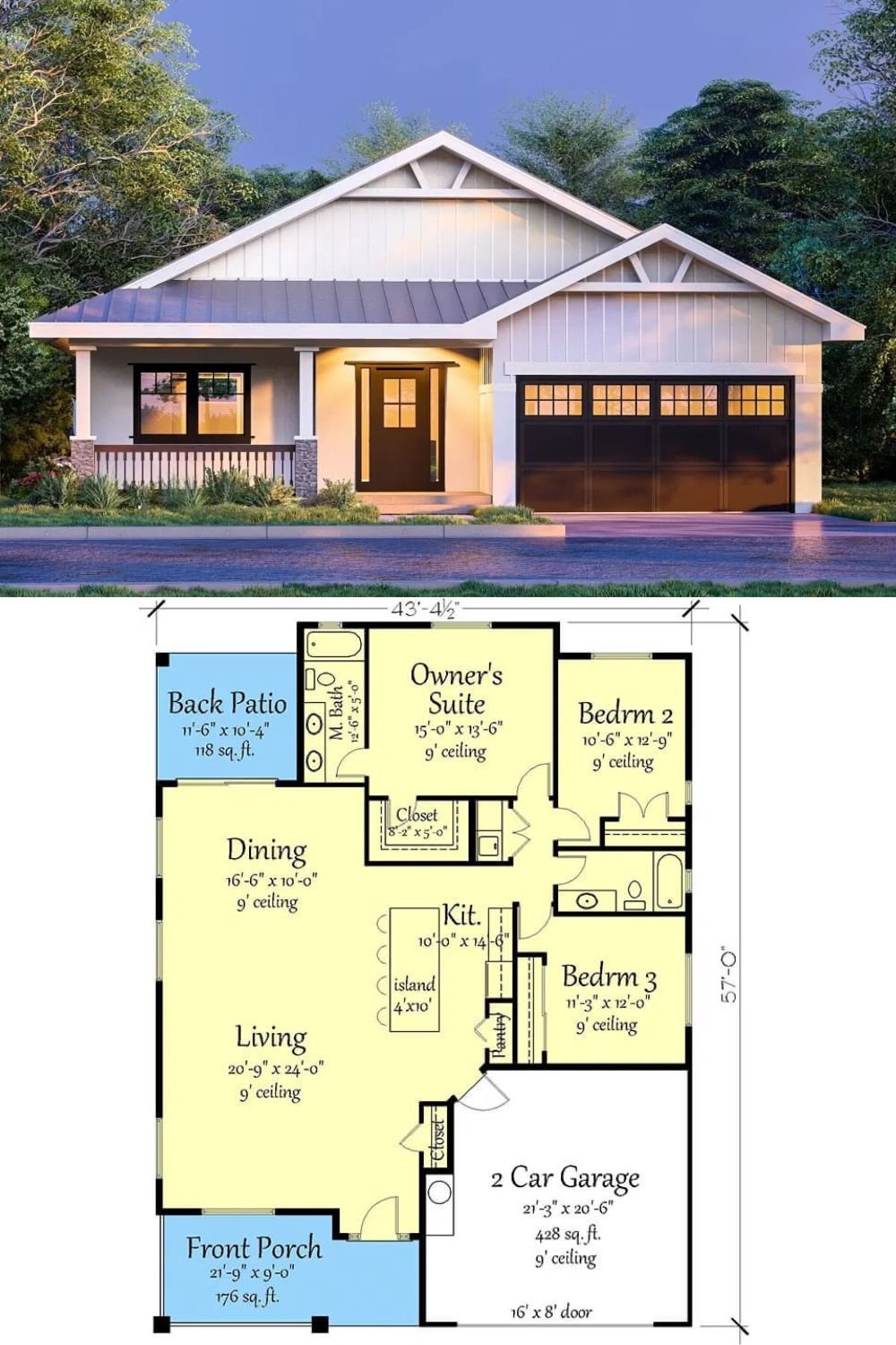This 3-bedroom country craftsman home is adorned with a smooth stucco exterior, board and batten accents, and multiple gables accentuated by decorative trims.