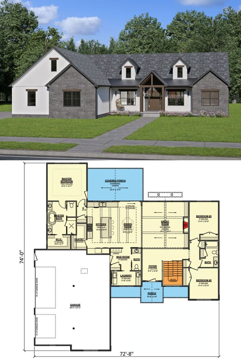 Board and batten siding, stone accents, and twin gable dormers crowning the covered front porch lend this country craftsman ranch undeniable curb appeal. A 3-car, side-loading garage seamlessly connects to the home through a functional mudroom.