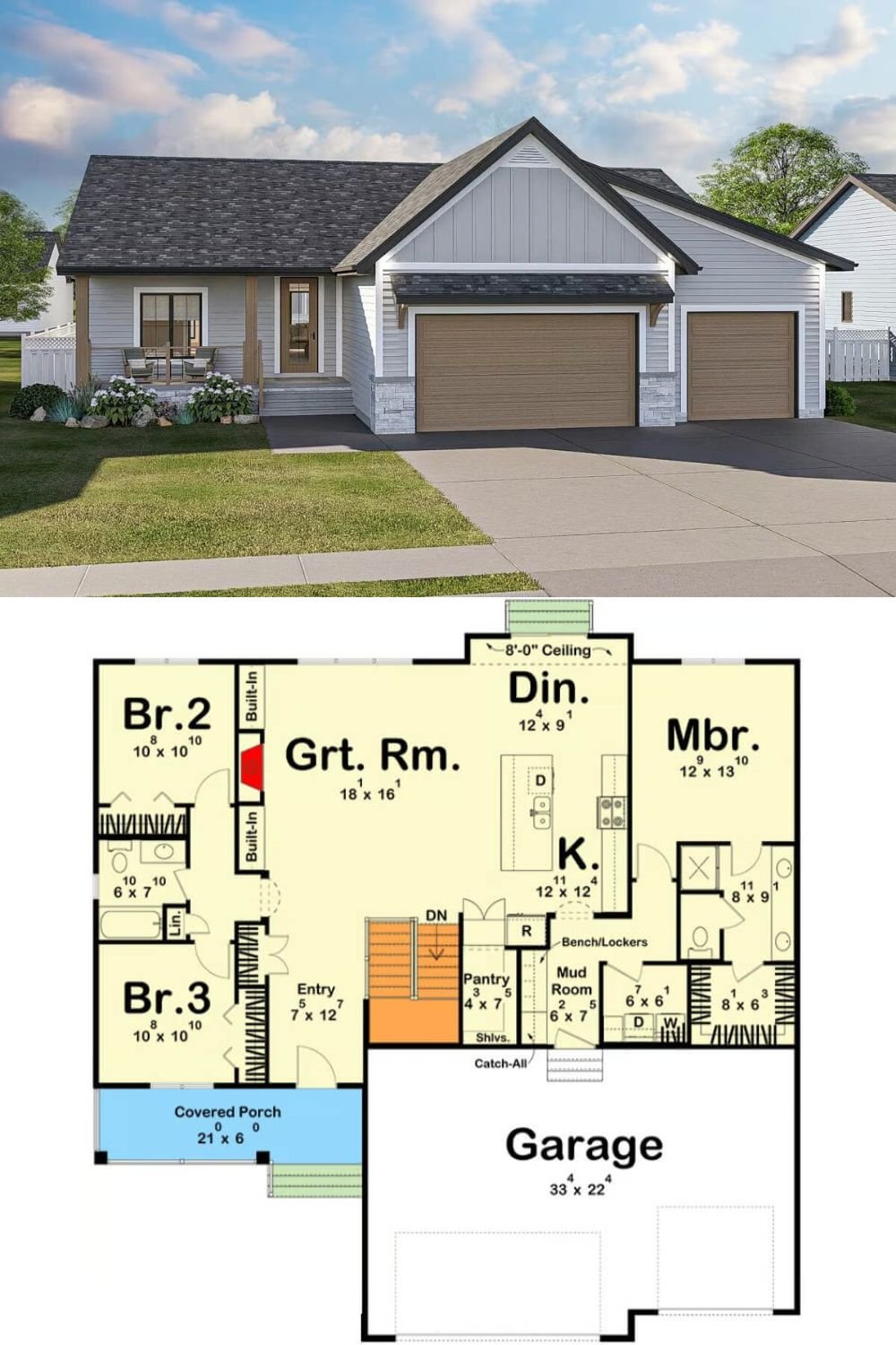 This 3-bedroom country ranch combines horizontal lap siding, board and batten accents, and a touch of stone for a fresh yet timeless look. A welcoming covered porch highlights the front entry, while the 3‐car provides both practical functionality and an impressive street presence.
