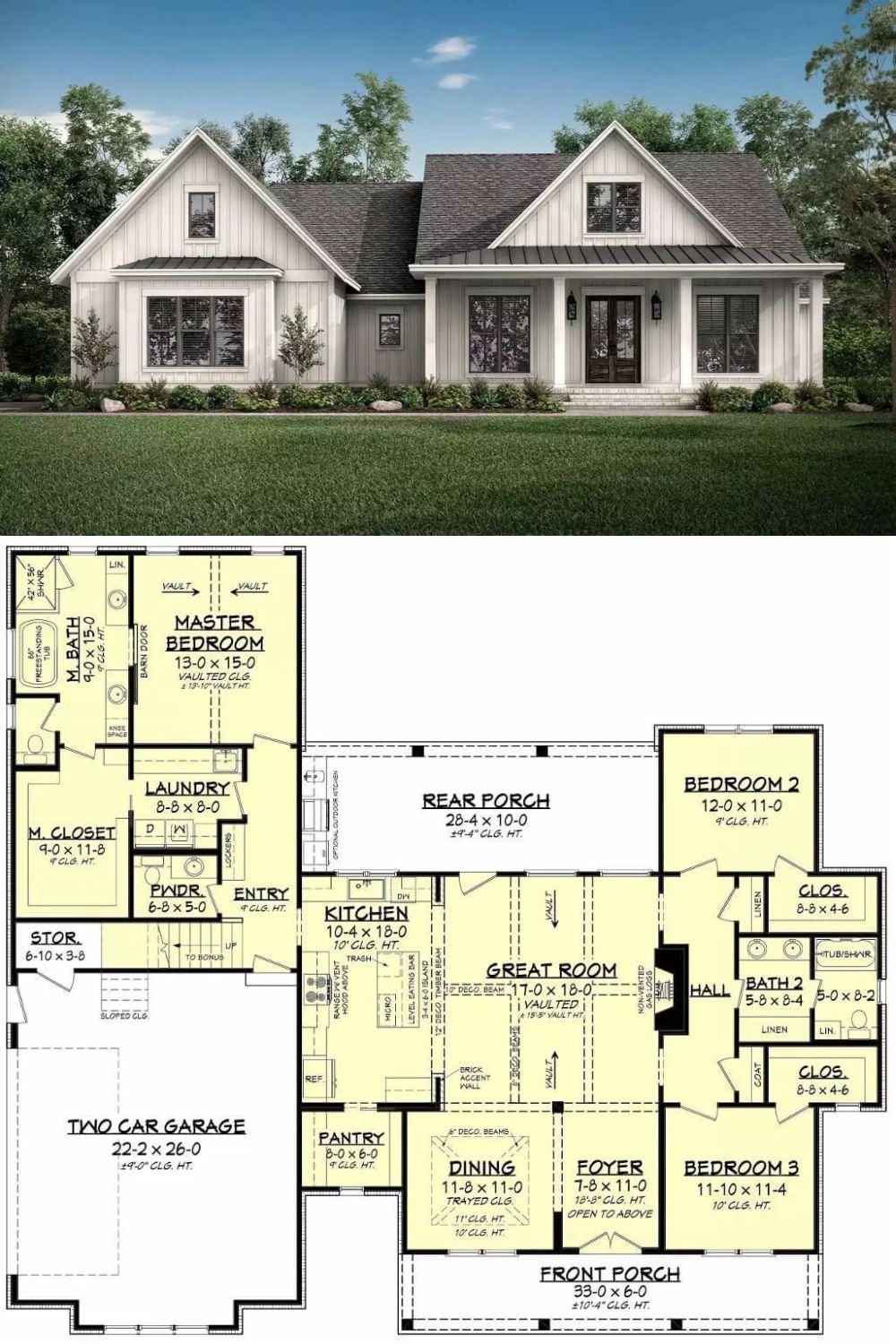 This 3-bedroom country-style home combines timeless design elements with functional features. The exterior showcases white board and batten siding, front-facing gables, and a welcoming front porch supported by stately pillars. A 2-car side-loading garage includes dedicated storage space and a bonus room above, ideal for future expansion.