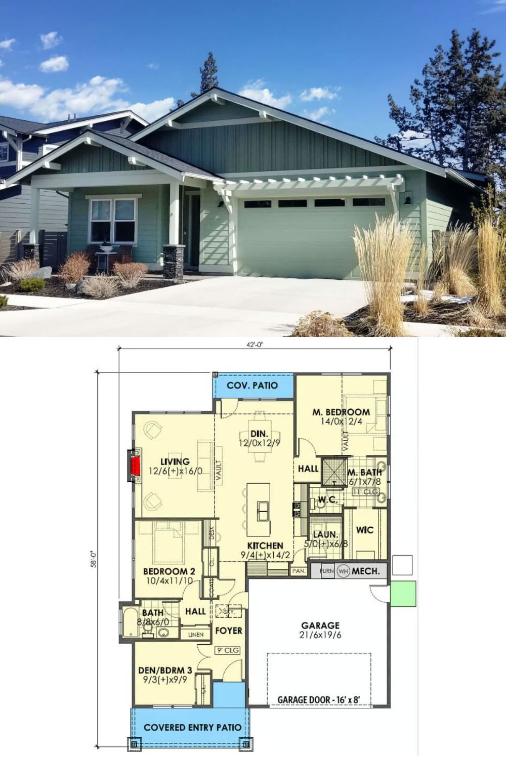 This craftsman country home exudes charm with vertical and horizontal siding, graceful gables, and a welcoming front porch supported by stone base pillars.