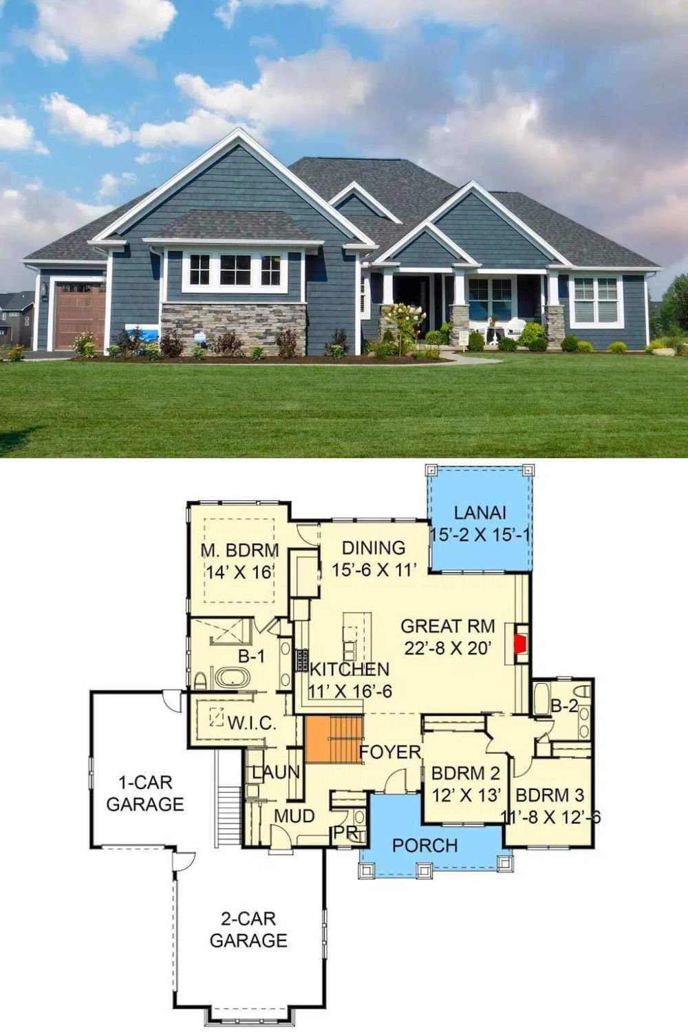 This 3-bedroom Craftsman home boasts exquisite curb appeal with its painted clapboard siding, multiple gables, and a charming front porch supported by stone-based pillars. A spacious 3-car garage conveniently connects to the home through a mudroom.