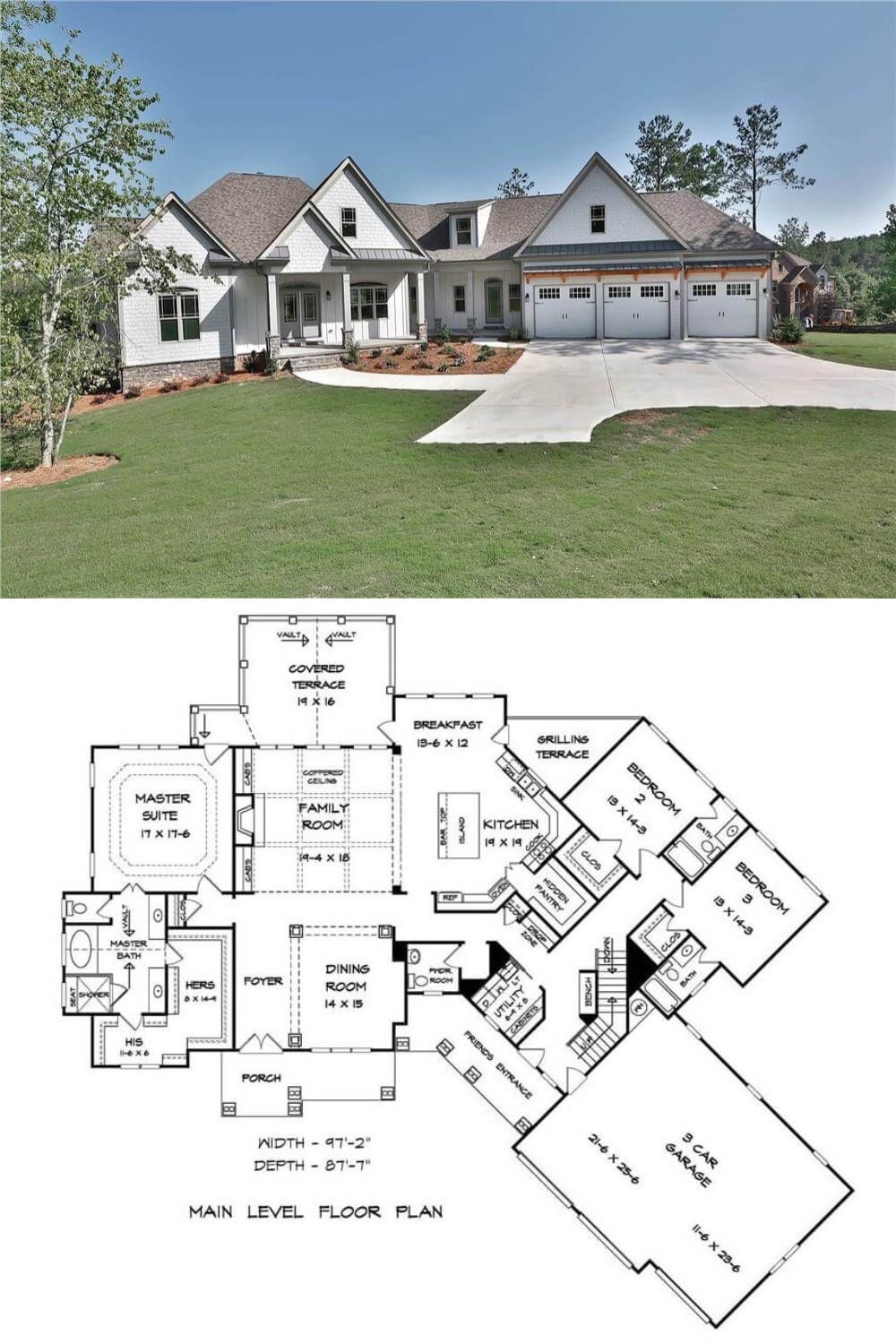 This 3-bedroom craftsman home boasts exquisite curb appeal with a harmonious blend of board and batten siding, shingle shakes, a stone base, and charming timber accents. It features a welcoming entry porch and an angled garage with optional bedroom and recreation area above, enhancing its timeless design.