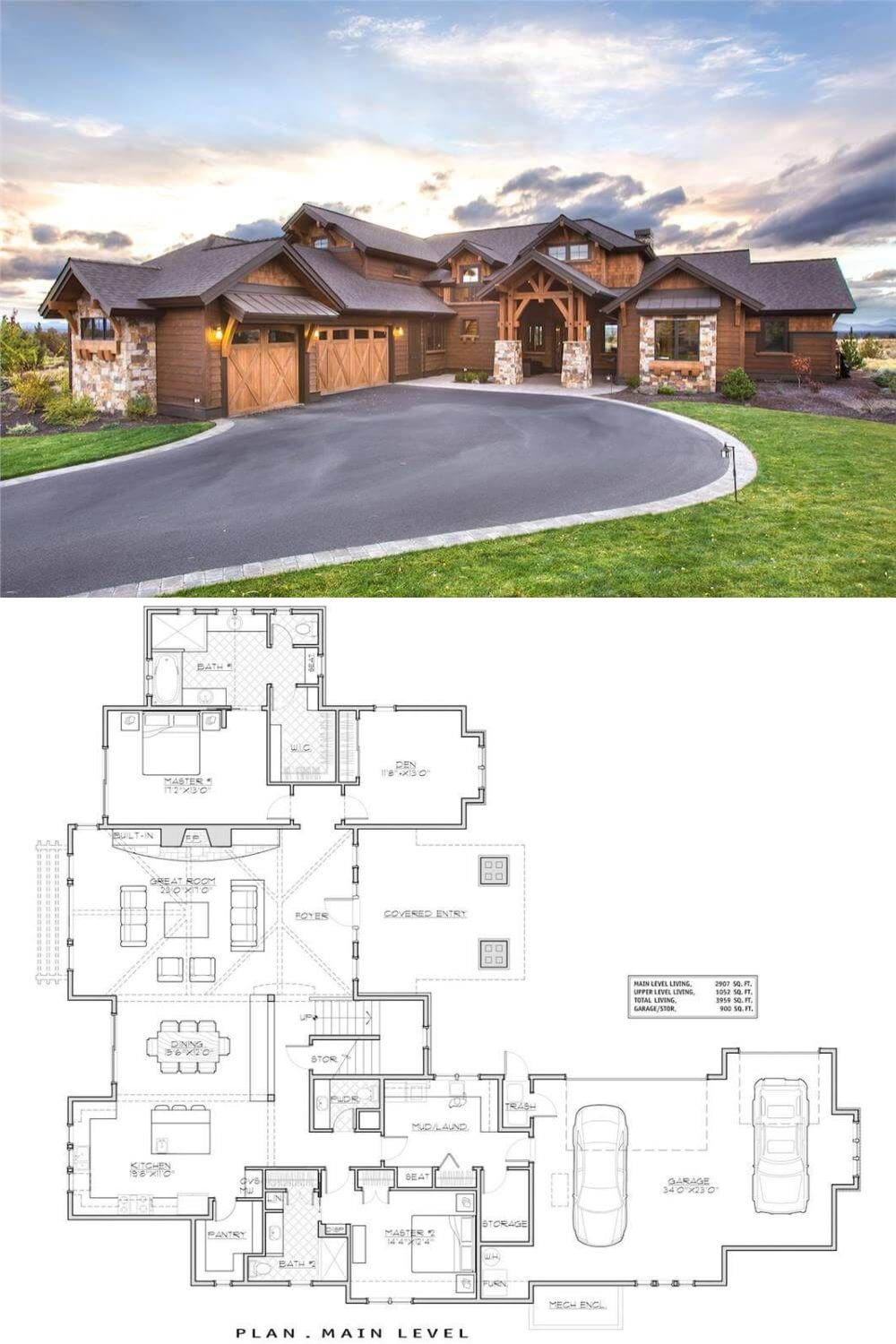 This 3-bedroom craftsman radiates a rustic charm with natural wood siding, cedar shakes, stone accents, and an inviting front porch framed with an exposed truss and stone base pillars. A 3-car side-loading garage protrudes from the front, creating a parking courtyard for guests.