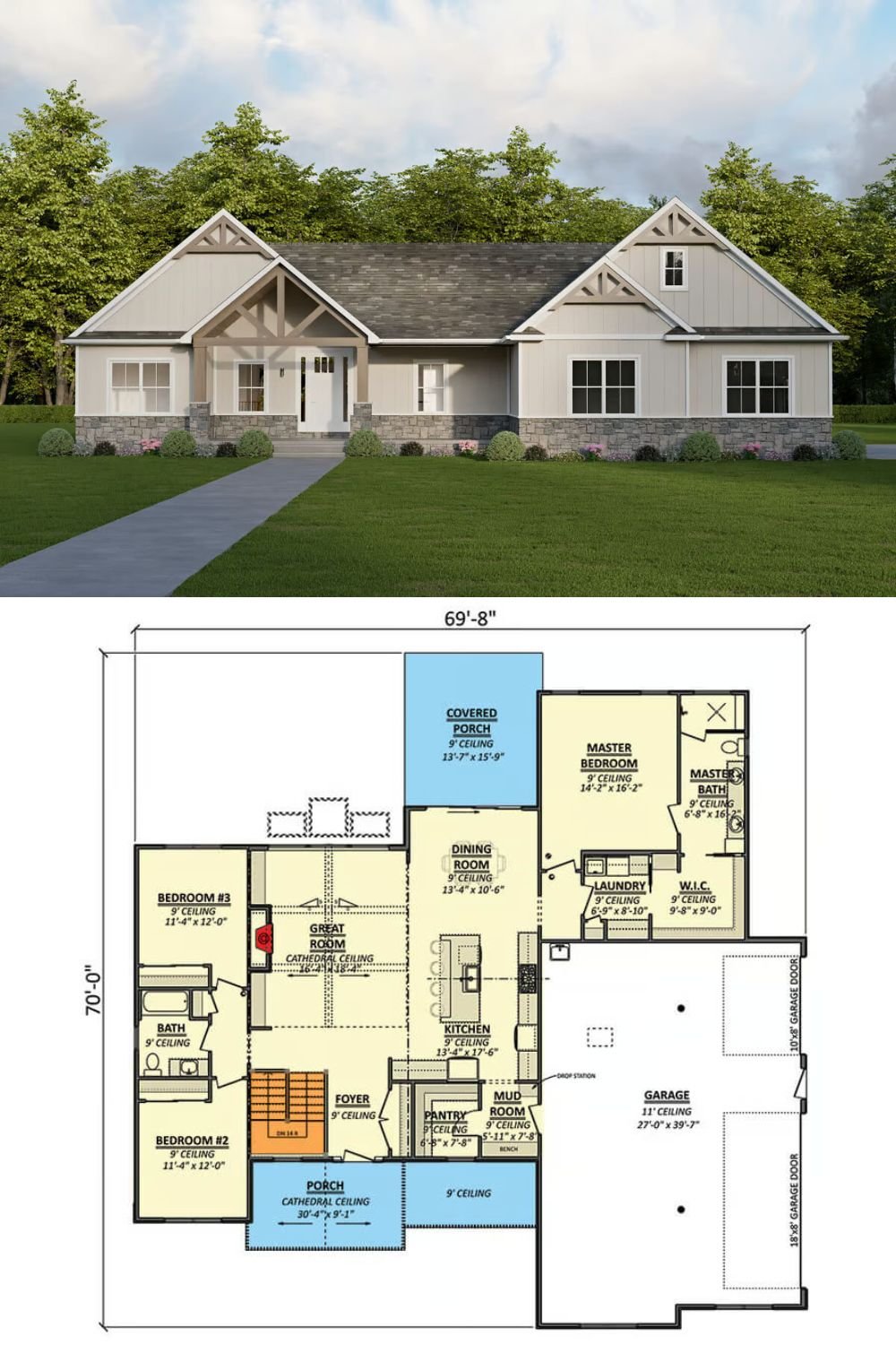 This 3-bedroom craftsman ranch showcases a warm and inviting facade with board and batten siding, stone trims, and multiple gables accentuated with decorative wood details. It includes a welcoming front porch and a 3-car side-loading garage that connects to the home through a mudroom.