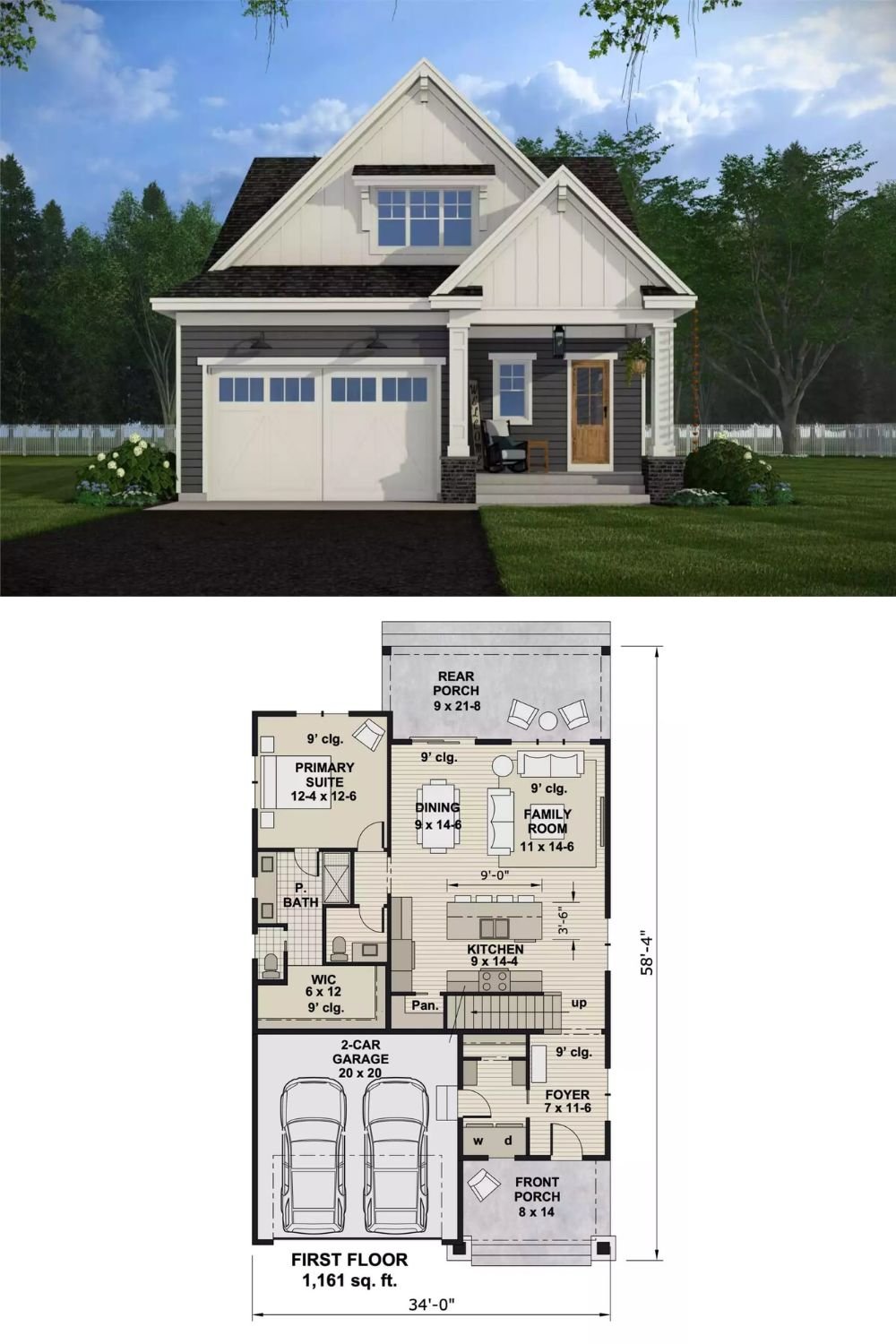 This 3-bedroom Craftsman home radiates timeless charm with its combination of vertical and horizontal siding, multiple gables, and brick base columns supporting a welcoming front porch. A 2-car garage offers convenience with direct access through a well-placed laundry room.