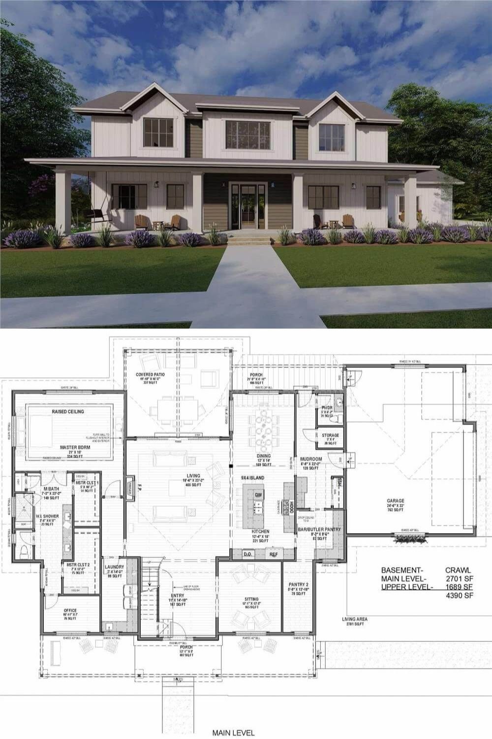 This 3-bedroom farmhouse boasts a striking exterior with a blend of vertical and horizontal siding, charming dormer windows, and a sprawling covered front porch that stretches across its long facade, enhancing its curb appeal.