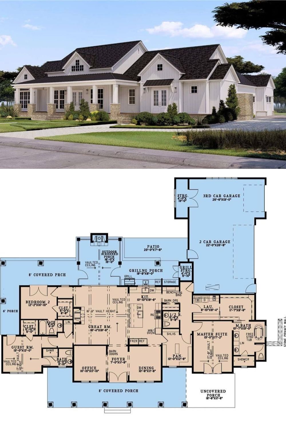 Board and batten siding, stone trim accents, and sleek metal roof detailing adorn this 3-bedroom modern farmhouse. A welcoming front porch framed by stone base pillars adds to the home's curb appeal.
