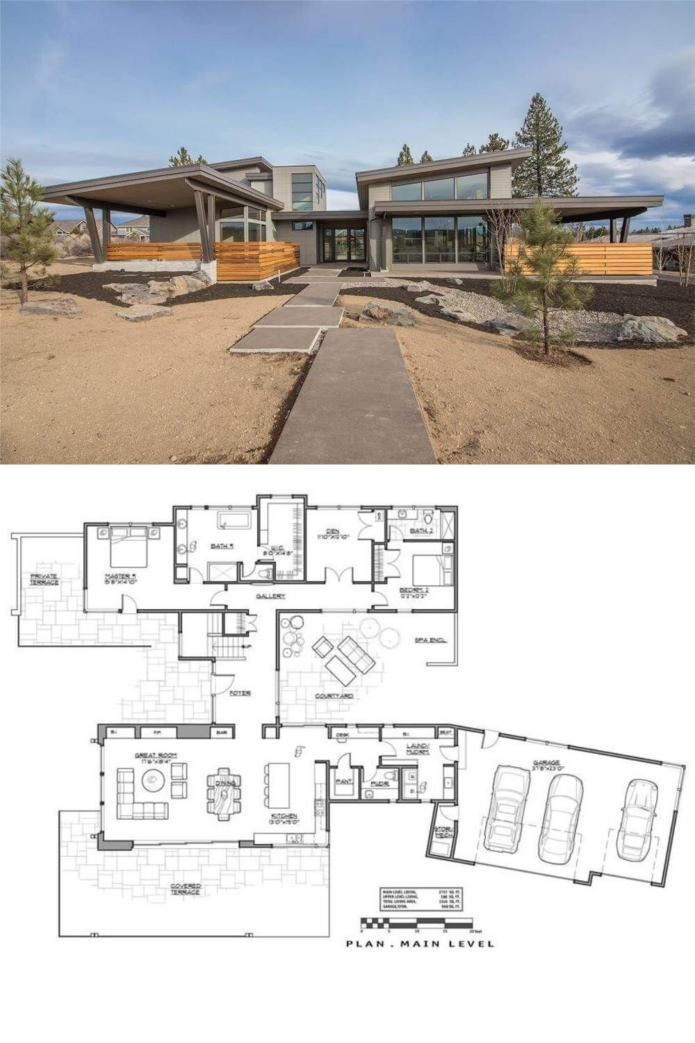 A striking fusion of modern lines and natural elements defines this 3-bedroom home’s curb appeal. Wide‐spanning roof planes create dramatic angles, while generous windows let in abundant daylight.