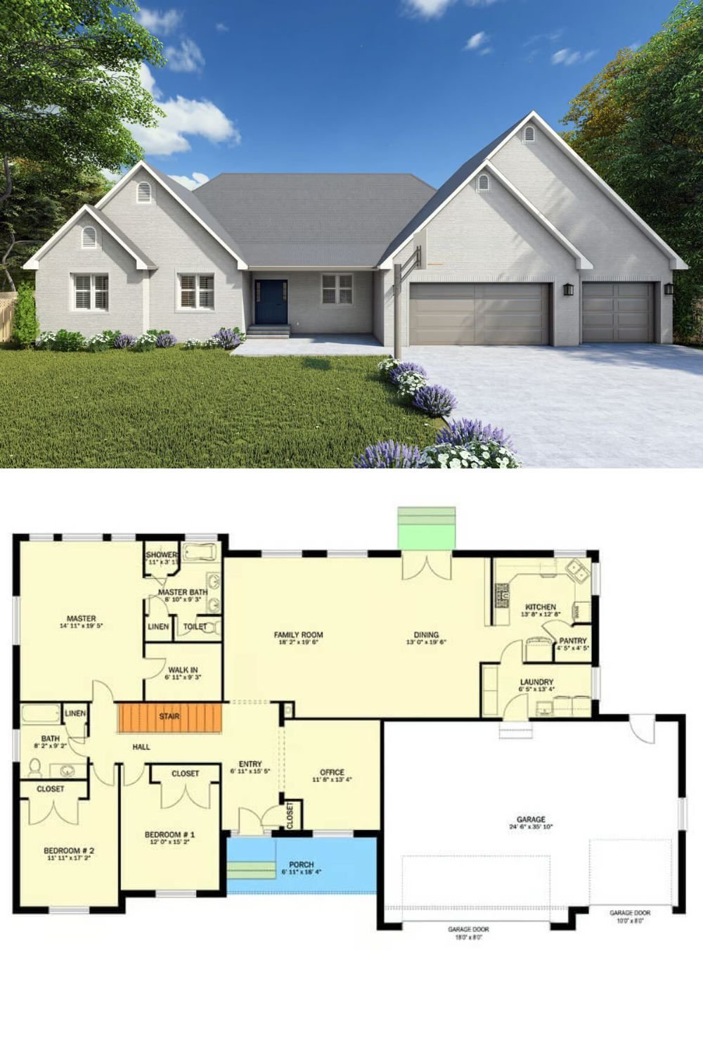 This 3-bedroom New American ranch is embellished with a stately stone exterior, multiple gables, louvered windows, and a covered front porch with a stoop leading to the front entry. A 3-car garage connects to the home through a laundry room.
