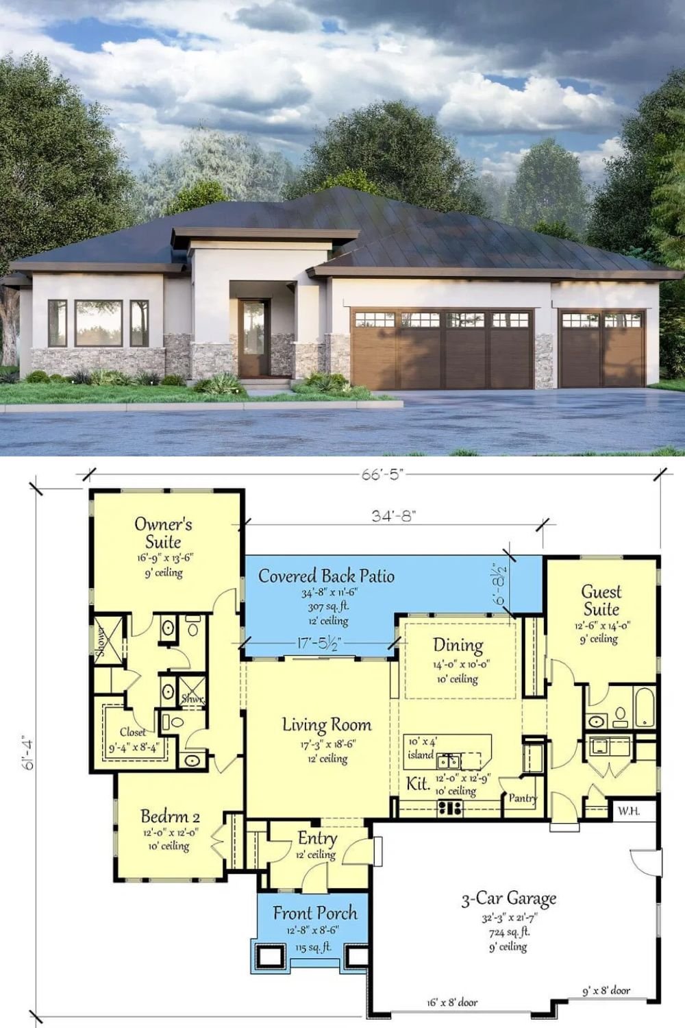 Stone and stucco exterior, low-hipped rooflines, and a sleek entry with a glazed front door embellish this 3-bedroom prairie home. A spacious 3-car garage connects to the home through a practical mudroom, adding everyday convenience.