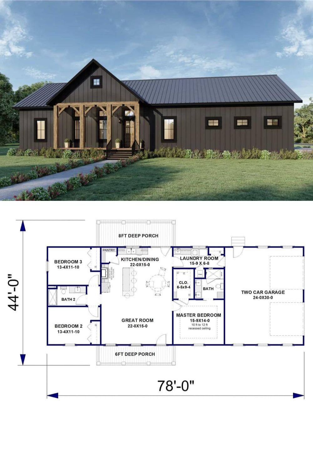 Showcasing modern farmhouse charm, this 3-bedroom ranch features board and batten siding and a deep front porch supported by rustic timber posts. The dark exterior contrasts beautifully with the warm wood accents, setting a rustic yet contemporary tone.