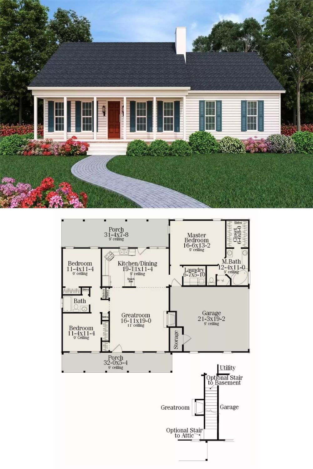 This ranch‐style home features a charming, timeless facade with classic shutters, clapboard siding, and a covered front porch that creates a warm welcome. A 2-car side-loading garage with dedicated storage provides convenient access.