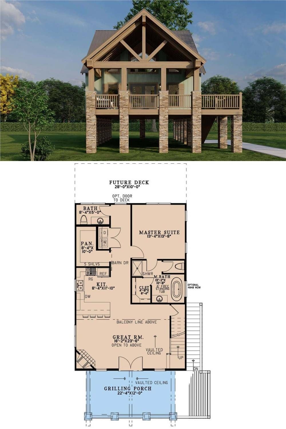 This elevated rustic home boasts a warm and inviting facade combining board and batten siding, stone pillars, and a charming front porch with a grilling area. An exposed truss and decorative brackets enhance the porch’s rustic appeal, creating a welcoming first impression.
