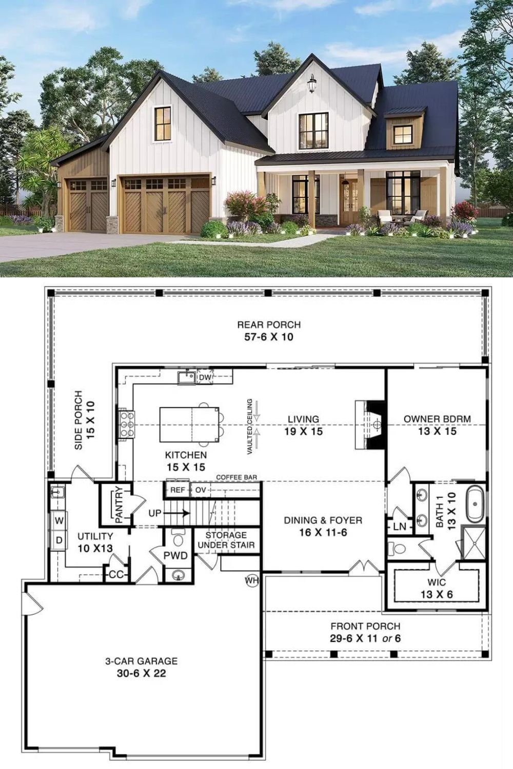 This 3-bedroom farmhouse radiates rustic chic charm showcasing white board and batten siding complemented by wood and stone accents. It includes an inviting front porch and a 3-car garage with chevron wood doors that elevate its curb appeal.