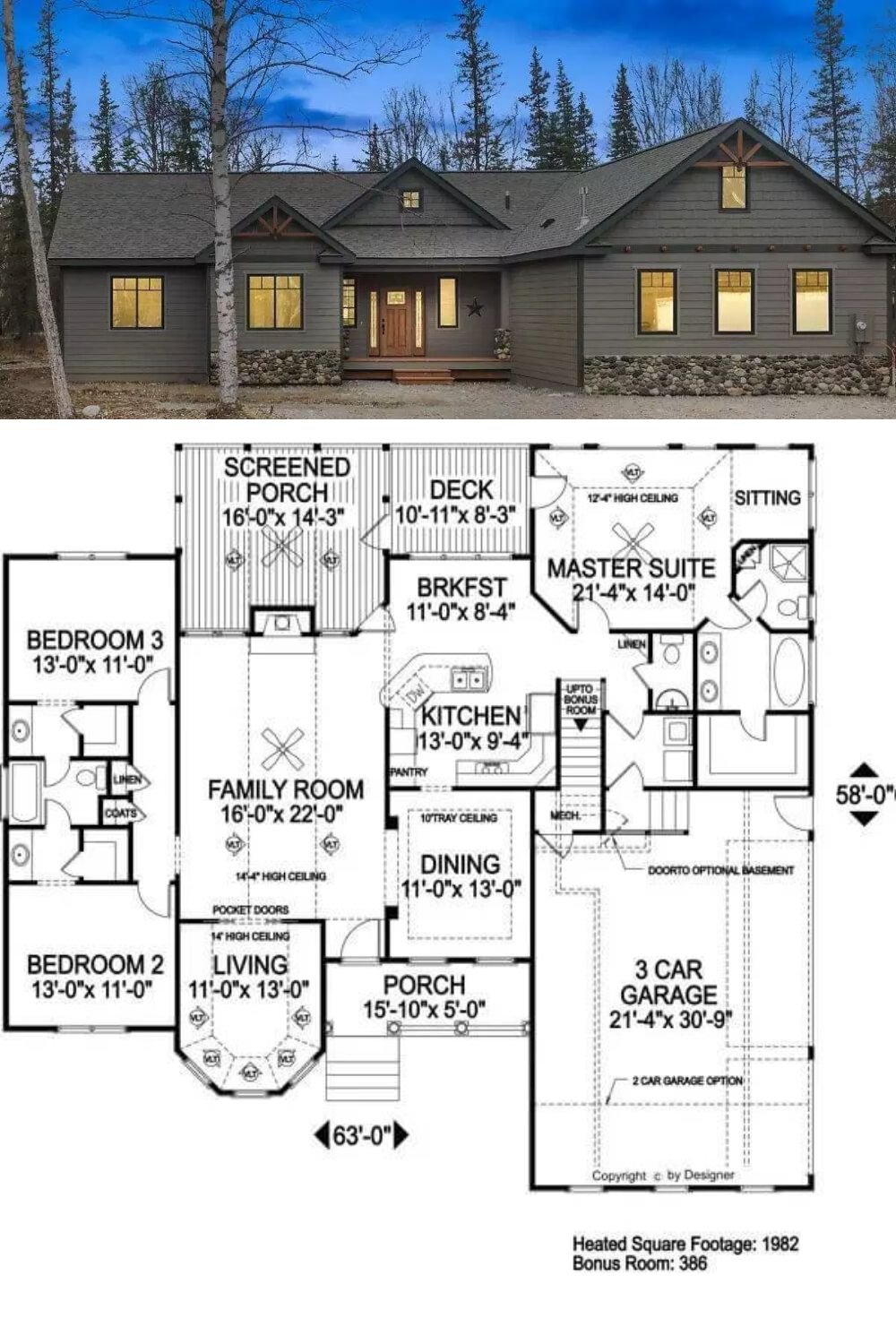 This 3-bedroom ranch showcases timeless charm with its rustic siding complemented by wood shingles, black-framed windows, and multiple gables adorned with decorative wood trims. An inviting front porch enhances its curb appeal, while a 3-car side-loading garage offers convenience and additional storage.