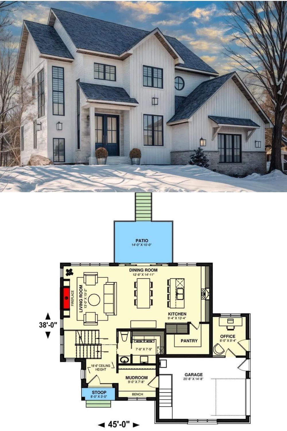 This 3-bedroom transitional home combines modern elegance and functionality, with board and batten siding, brick accents, and black-framed windows creating striking curb appeal. A sleek entry and side-loading garage add to its contemporary charm.