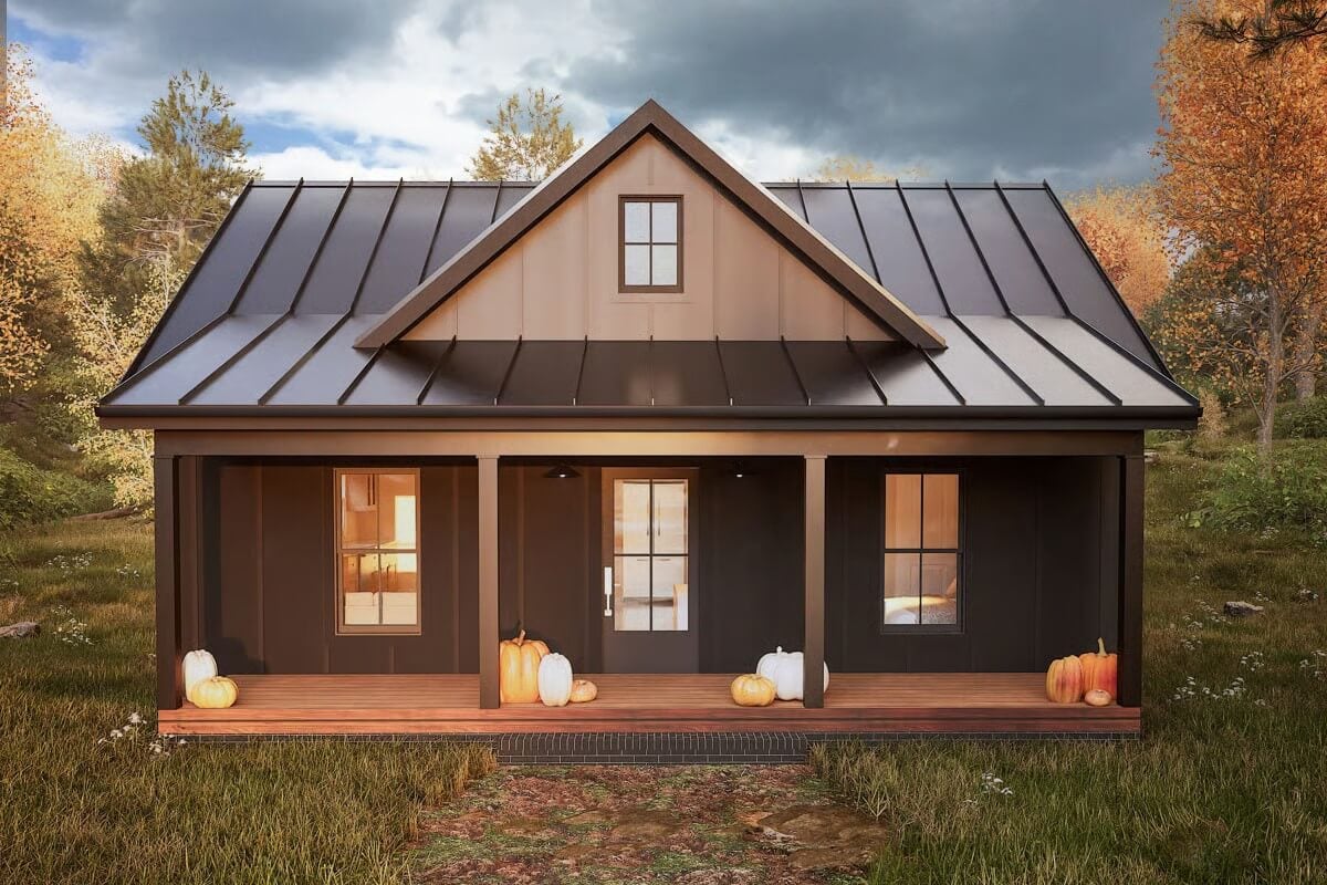 Country-Style 2-Bedroom Cottage with Covered Front and Back Porches (Floor Plan)