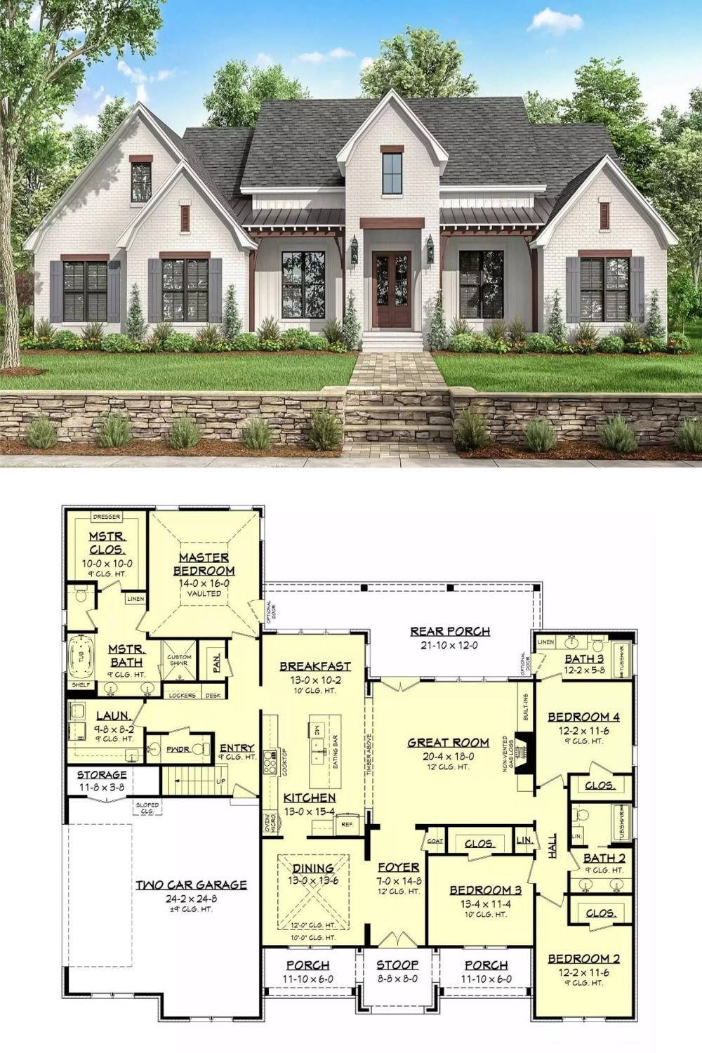 A painted-brick facade combines with board and batten accents to give this home a modern farmhouse aesthetic. Gabled rooflines and exposed rafters draw the eye upward, while a covered front entry anchors the design and extends a warm welcome. Wood trim and shutters add a hint of rustic charm, all set against a backdrop of clean lines and large windows for contemporary appeal.