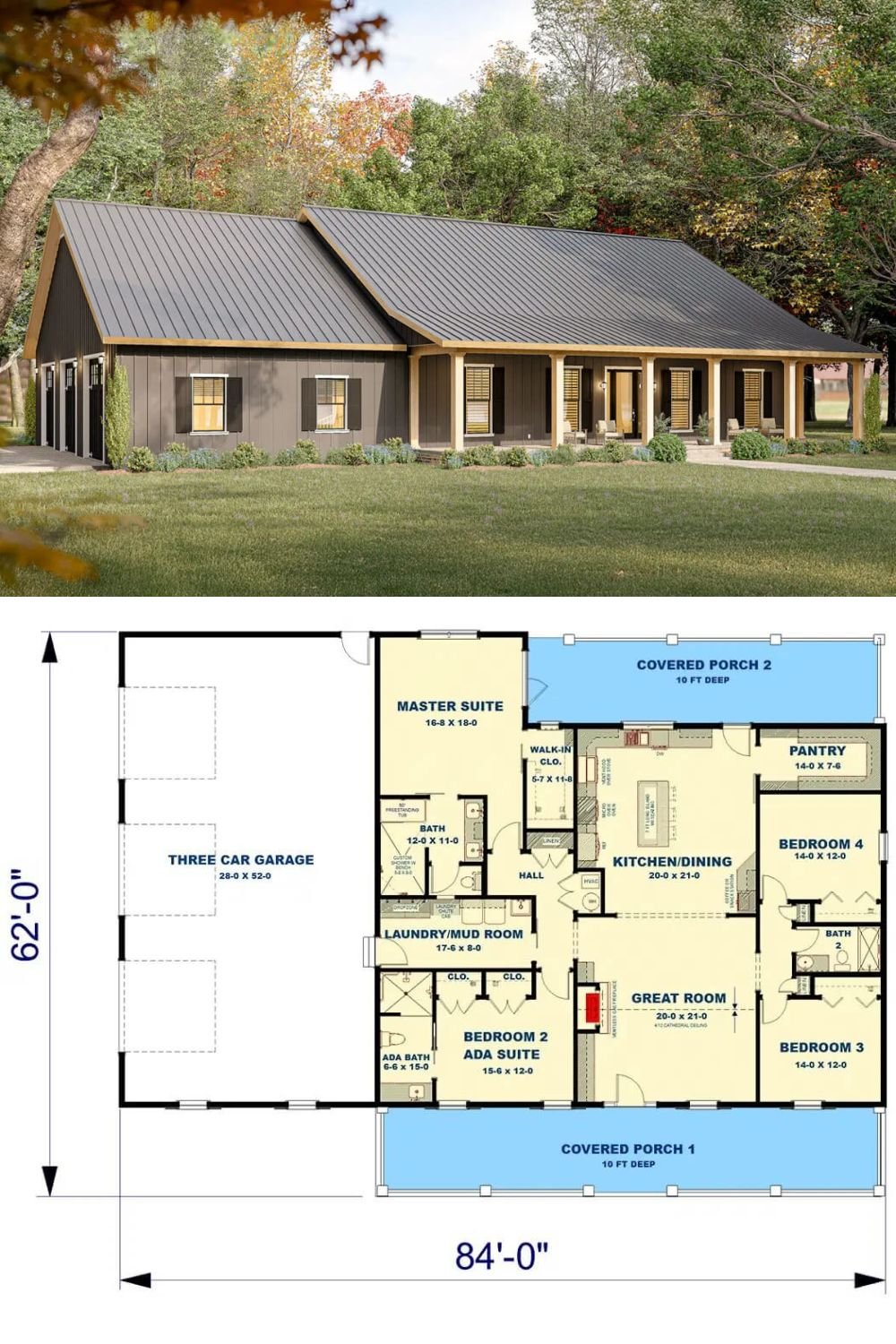 This 4-bedroom barndominium home combines rustic charm with modern convenience, showcasing dark board and batten siding, standing seam metal roofs, and a welcoming front porch framed by timber posts. A 3-car side-loading garage connects to the interior through a well-appointed laundry/mudroom, enhancing functionality.