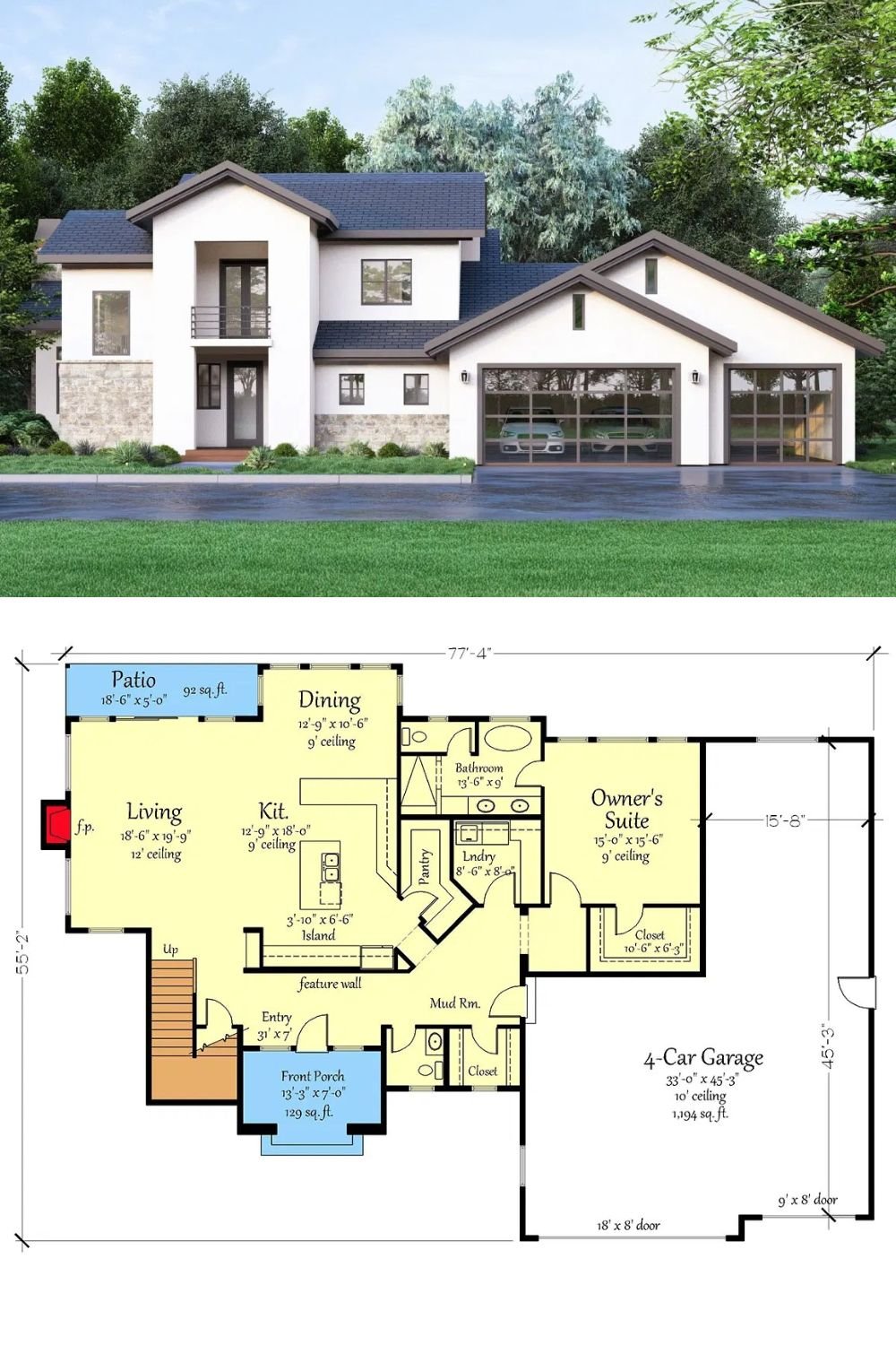 Clad in a stone and stucco exterior, this two-story farmhouse is thoughtfully designed for both family living and entertaining. Its open floor plan creates a seamless flow between the living room, kitchen, dining area, and covered back patio, offering expansive views and a perfect setting for social gatherings or quiet relaxation.