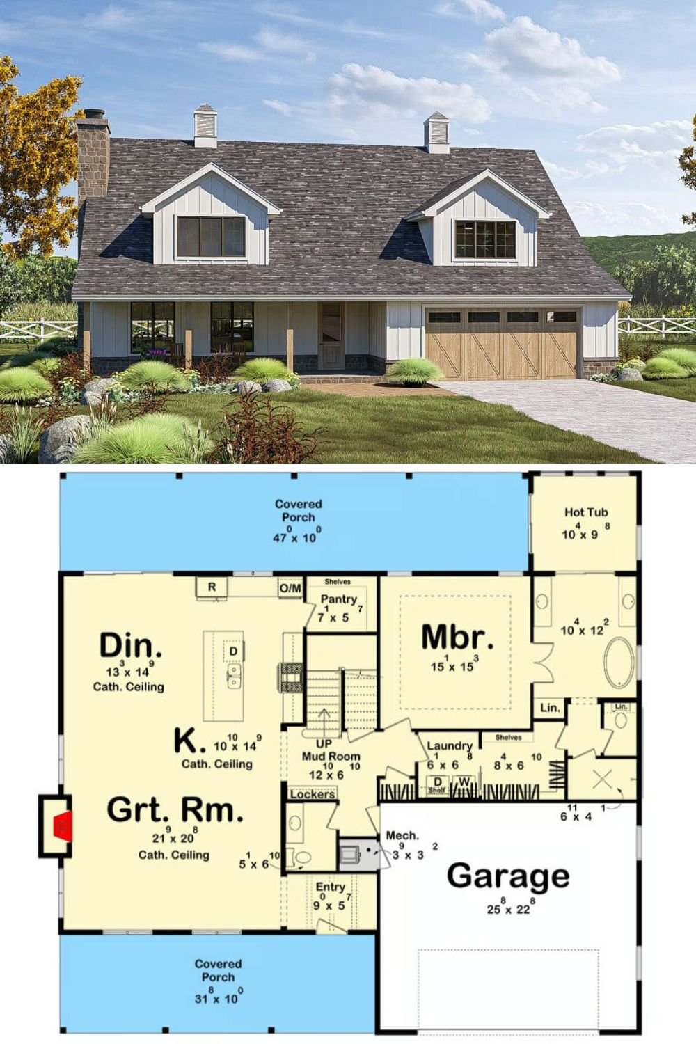 This modern farmhouse exudes warmth with its board and batten siding, large gable dormers, and a wide, inviting front porch framed by timber posts. A stone chimney provides rustic contrast, while the garage’s wooden doors reinforce the home’s natural charm.