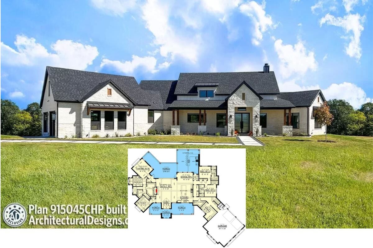 Craftsman-Style 4-Bedroom Home with Open Living Space and Bonus Room Above the Angled Garage (Floor Plan)