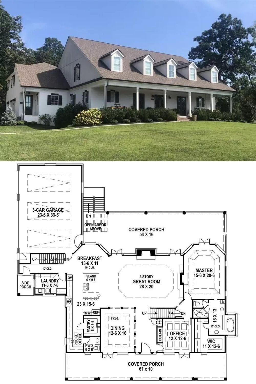 This 4-bedroom farmhouse radiates timeless charm with its board and batten siding, shuttered windows, and an elongated front porch topped by five gable dormers.