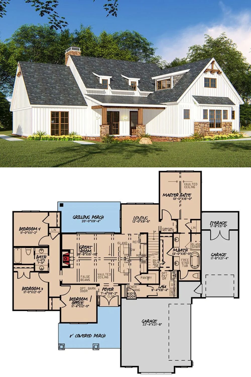 This 4-bedroom farmhouse radiates timeless charm with board and batten siding, stone trims, shed dormers, and a welcoming front porch supported by stone base pillars. A 3-car garage with a bonus room above provides flexibility for future expansion, whether as a guest suite, home office, or recreational space.