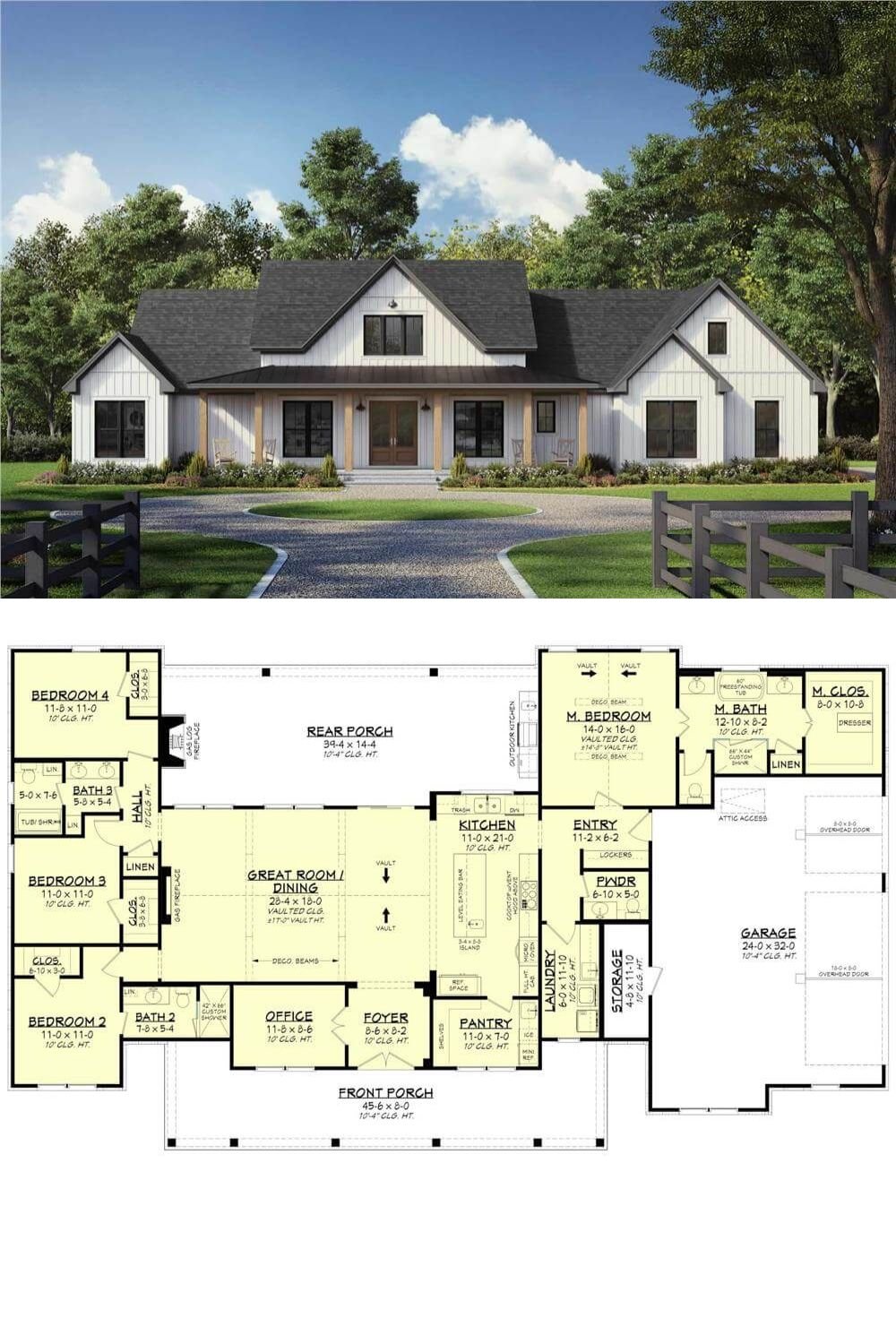A classic board and batten facade lends this modern farmhouse a rustic yet contemporary look. The expansive front porch stretches across much of the home’s width, inviting easy outdoor living, while the attached 3-car garage ensures plenty of space for vehicles and storage.