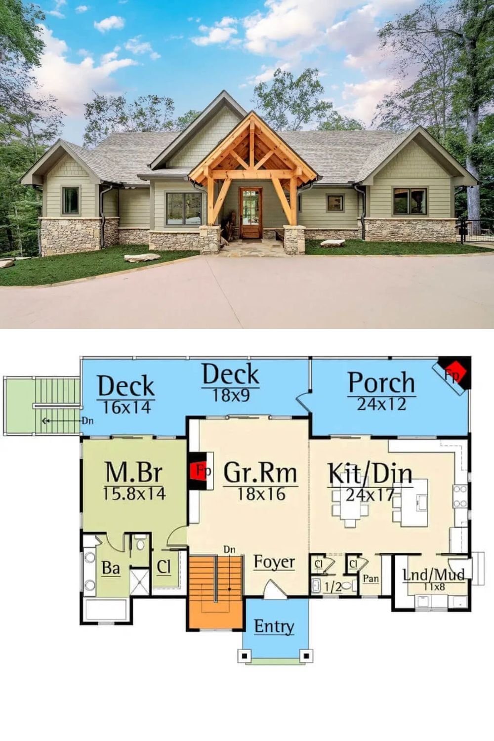 This 4-bedroom mountain home radiates rustic elegance, combining horizontal lap siding, cedar shake accents, stone trim, and an exposed truss that frames the welcoming front porch.