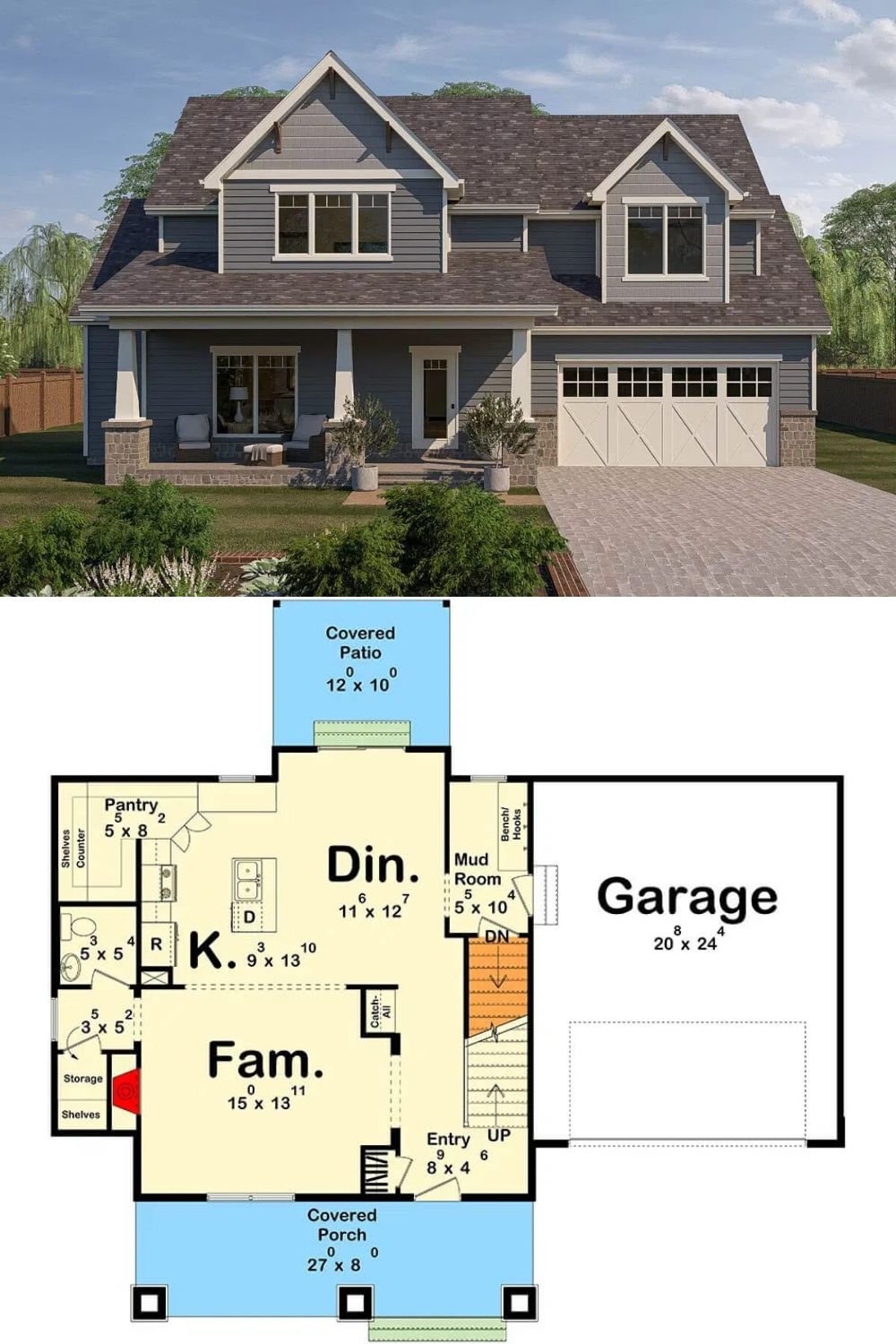 This New American Craftsman home features a charming front porch with stone base columns, creating a warm and inviting entrance. Classic clapboard siding, cedar shingles, and decorative brackets enhance the home’s exceptional curb appeal.