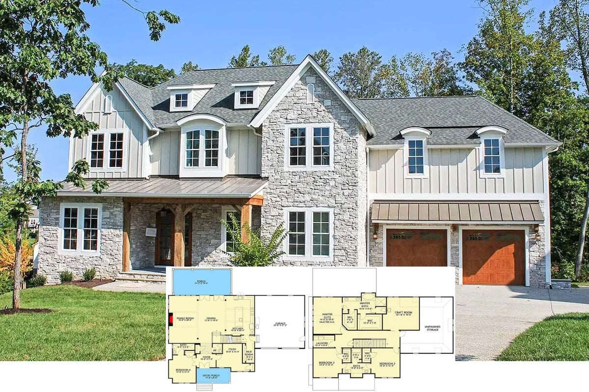 New American-Style 4-Bedroom Home with Jack & Jill Bathroom and Wet Bar (Floor Plan)