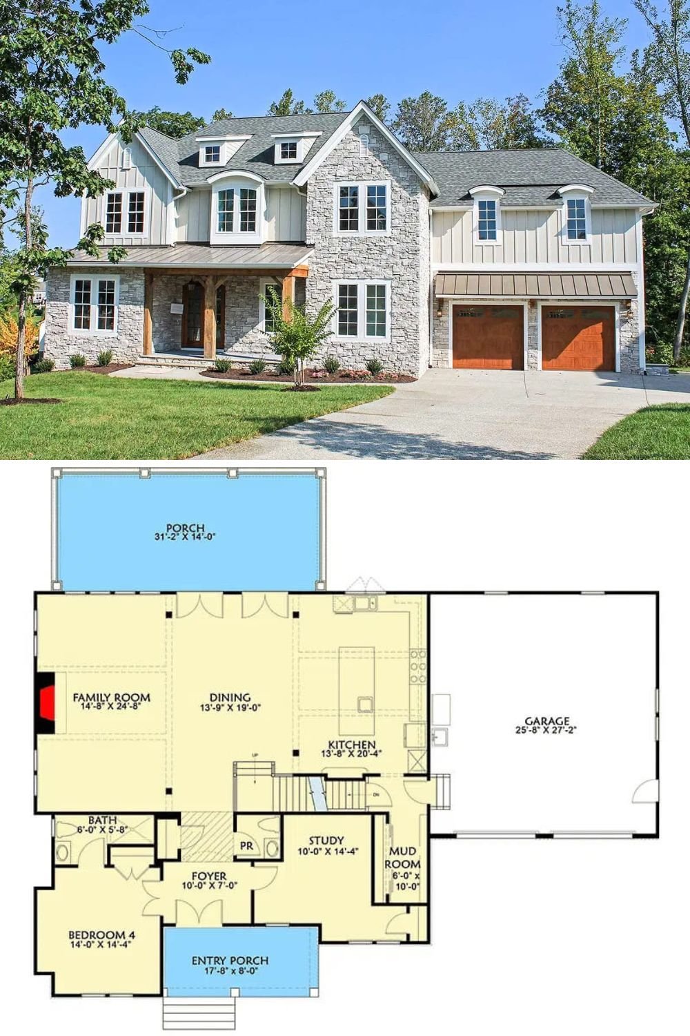 A blend of stone, board and batten siding, and rustic timber accents gives this New American home an exquisite curb appeal. It includes an inviting front porch and a 2-car garage that connects to the home through a mudroom.