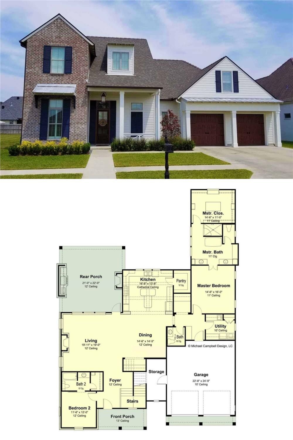 Brick and siding, shuttered windows, and metal roof accents embellish this 4-bedroom Southern home. An inviting front porch framed by decorative columns enhances its welcoming curb appeal, while a double garage conveniently connects to the home through a functional mudroom.