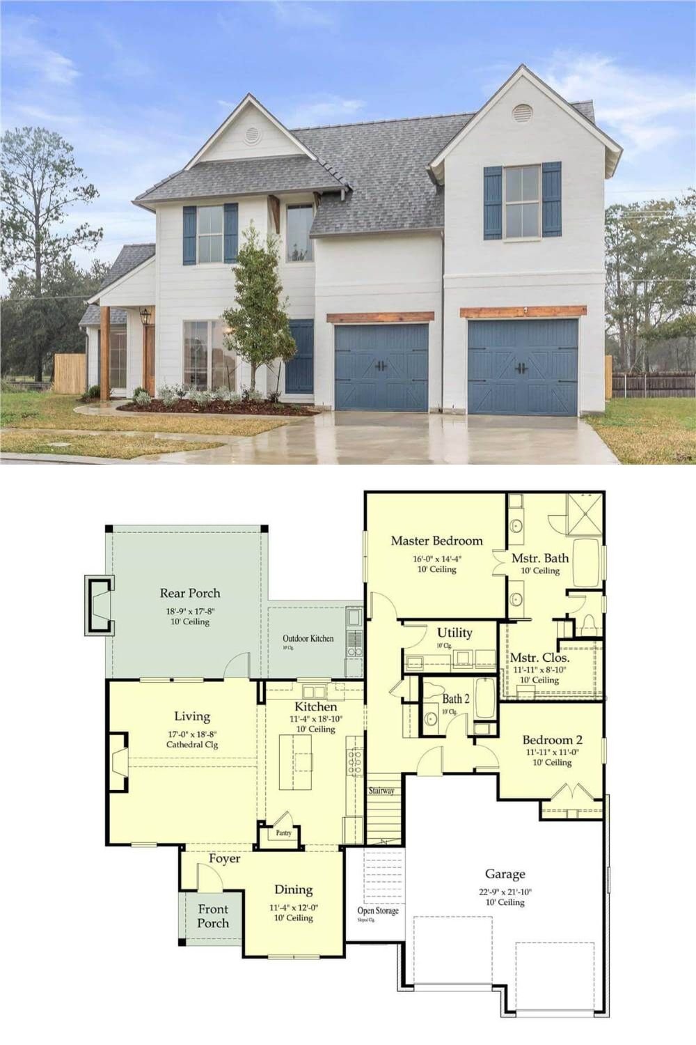 This 4-bedroom Southwest home showcases a charming facade with stone and siding, shuttered windows, and timber accents highlighting the double garage and covered entry.