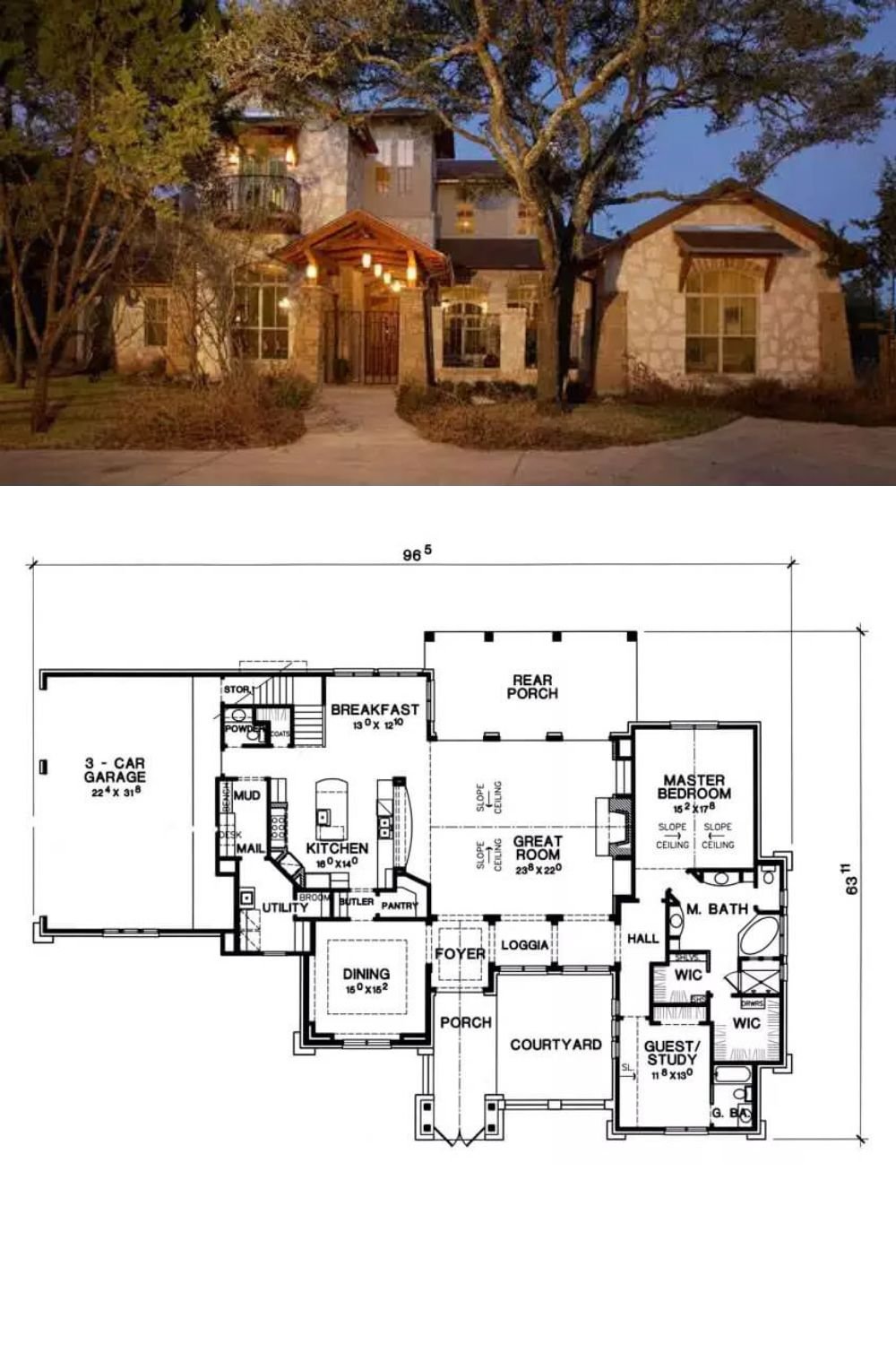 This 4-bedroom craftsman home boasts an exquisite facade where a masterful interplay of textures elevates its curb appeal. The exterior showcases a harmonious contrast between slurried stone, dry-stack stone, and stucco, accented by cedar open rafter tails, cedar-decked soffits, and beams that exude rustic warmth. Inside, the textural theme continues with stained concrete floors, granite countertops, wood details, and subtly plastered walls and arches, creating a cohesive and inviting aesthetic.